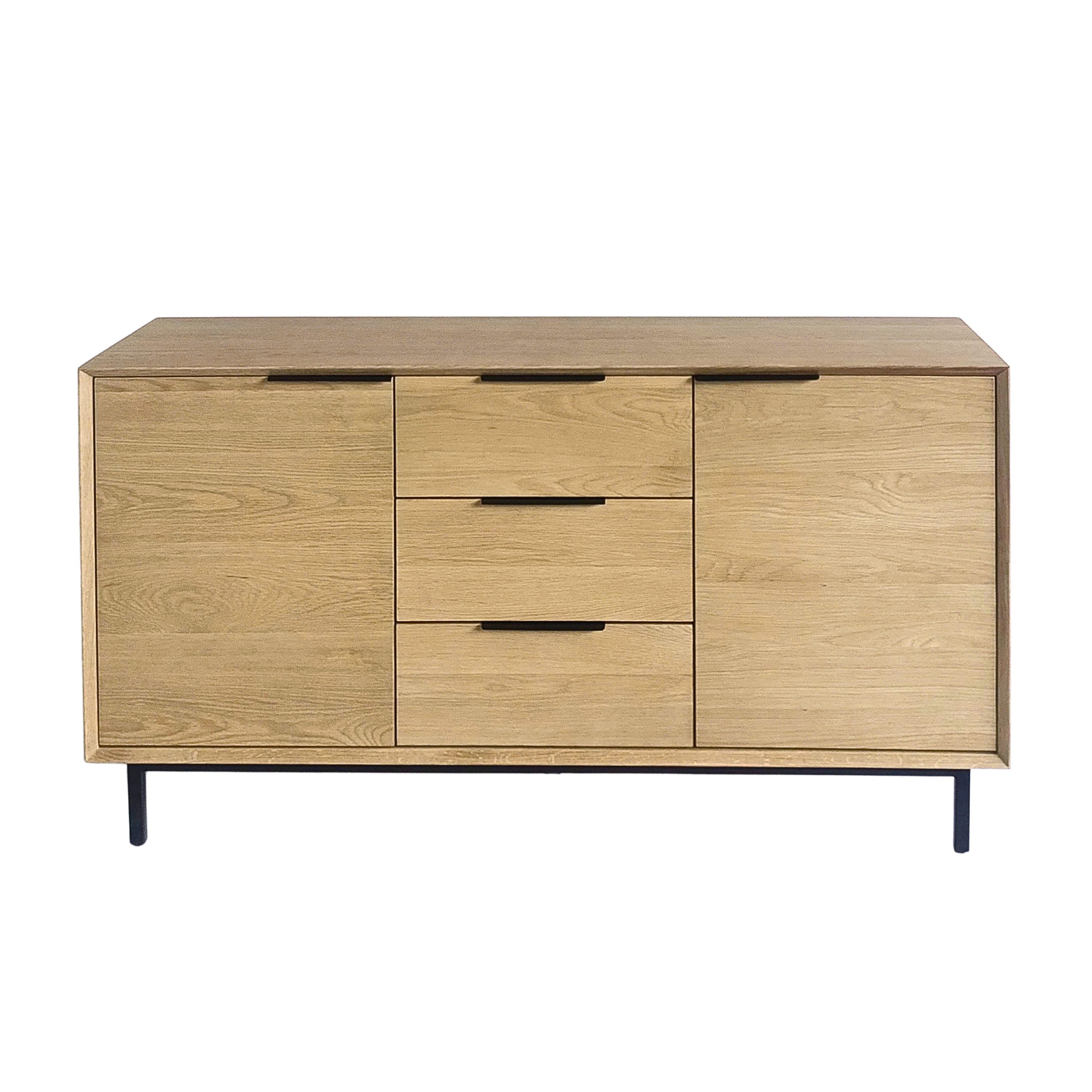 Woodek Design Sideboard BERGEN aus massiver Eiche und Eichenfurnier, Türen mit Einlegeboden (15 cm hohe Metallfüße, 1 St., 2 Schubladen mit hochwertigen Metallschienen), Breite 150 cm, Tiefe 43 cm, Höhe 80 cm