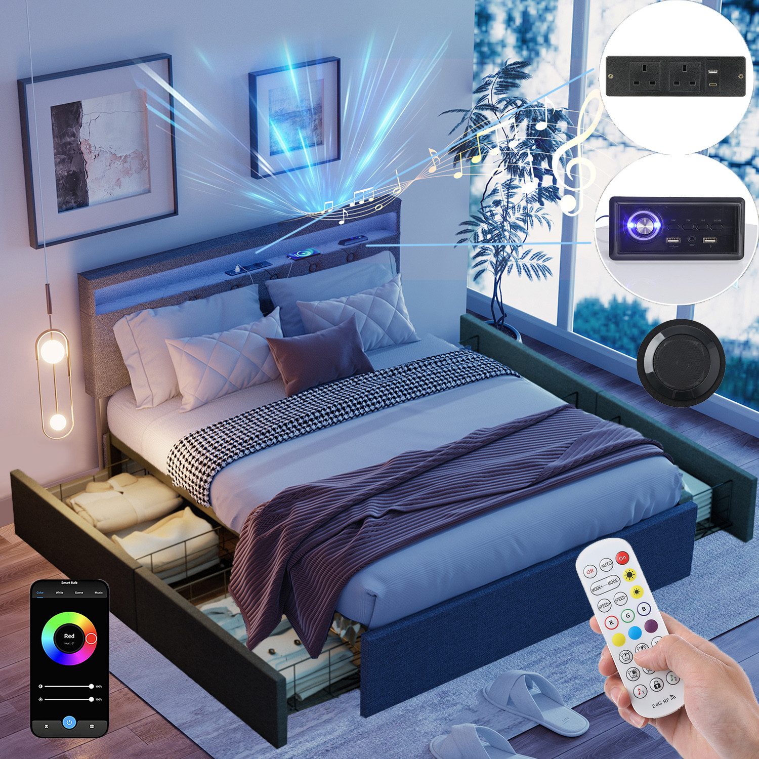 oyajia Polsterbett Musik Doppelbett 140x200cm, RGB LED Stauraumbett mit 4 S günstig online kaufen