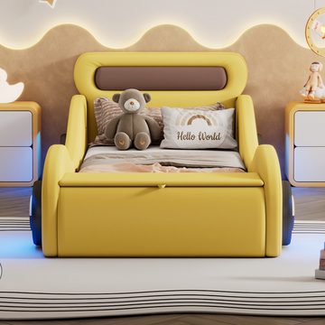REDOM Kinderbett in Form eines Autos mit leuchtenden Rädern und Stauraum (Einzelbett, Polsterbett, Kunstleder 90x200cm), ohne Matratze
