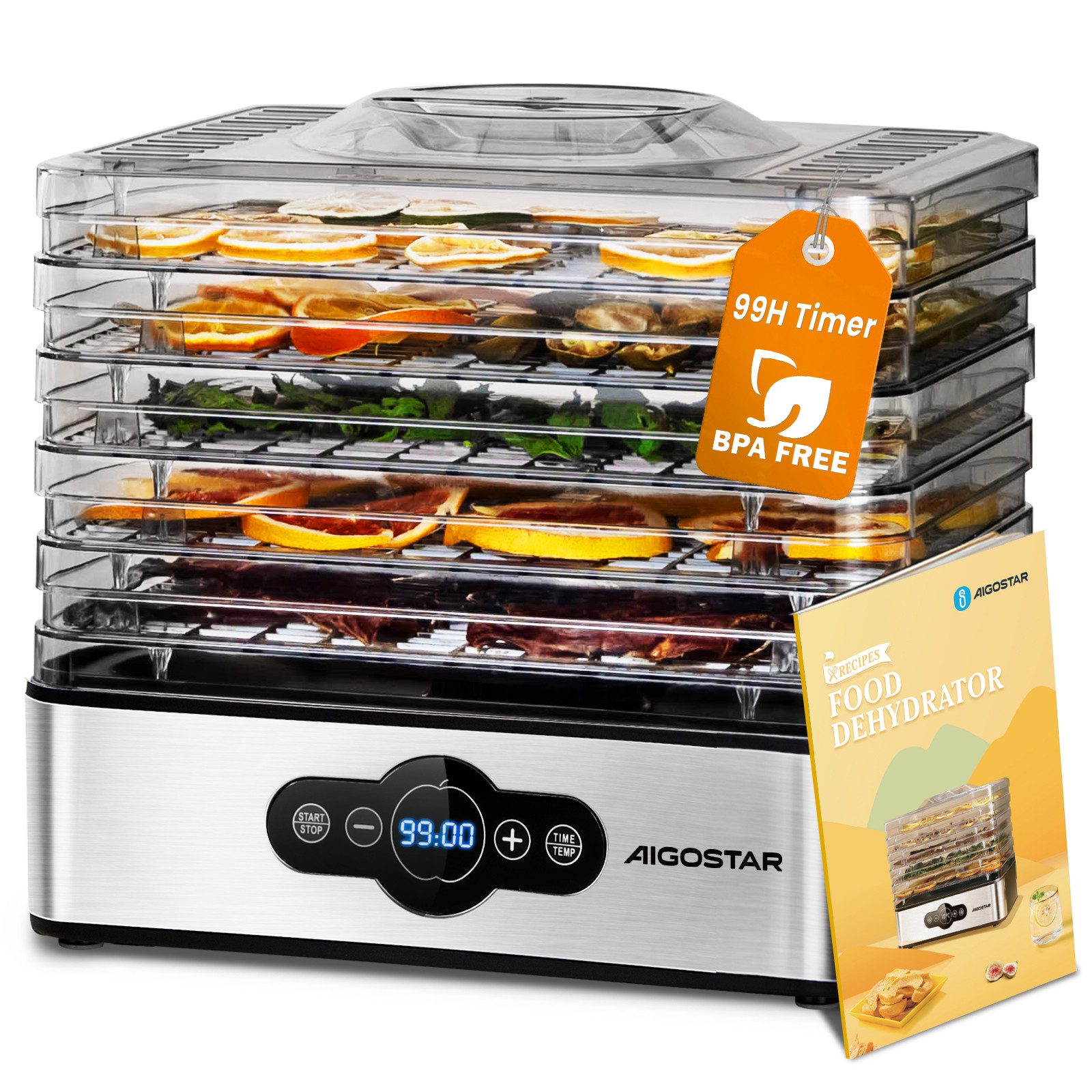 Aigostar Dörrautomat Crispy - Dörrgerät mit Temperaturregler, 99h-Timer, 5 Einlegefächer 240,00 W, 5 Etagen, 240W, 35-70°C, 99h-Timer, 5 Einlegefächer, BPA-frei