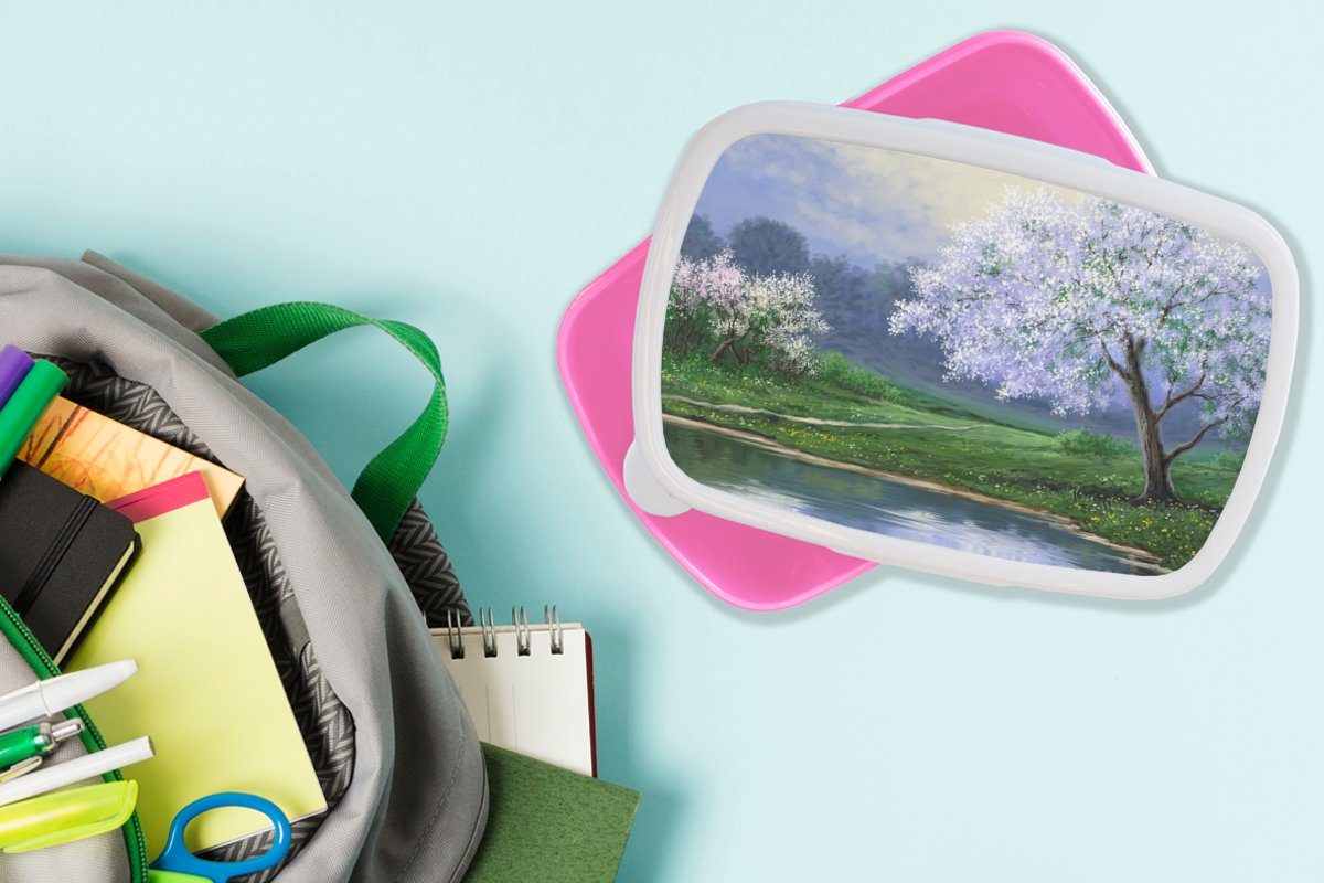(2-tlg), - Snackbox, Kunststoff, Blüte für - Brotbox Lunchbox MuchoWow - rosa - Brotdose Natur Wasser, Kinder, Malerei Baum Mädchen, Erwachsene, Kunststoff