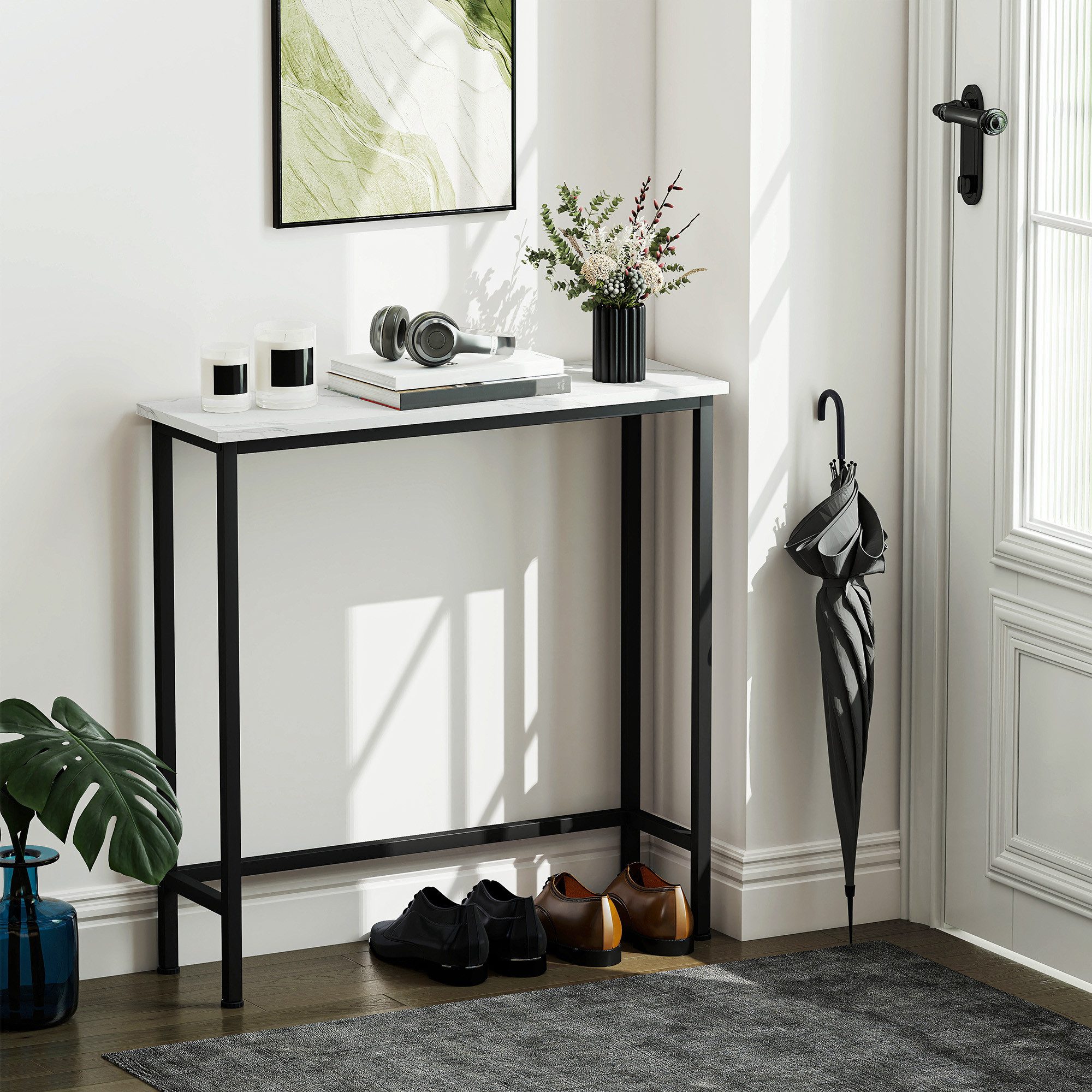 HOMCOM Konsolentisch Sofatisch Ausstellungstisch verstellbar Fußpads Kippschutz (Beistelltisch, 1-St., Flurtisch), für Kleinen Raum, Eingang, Flur, Wohnzimmer 75 x 24 x 76 cm Schwarz