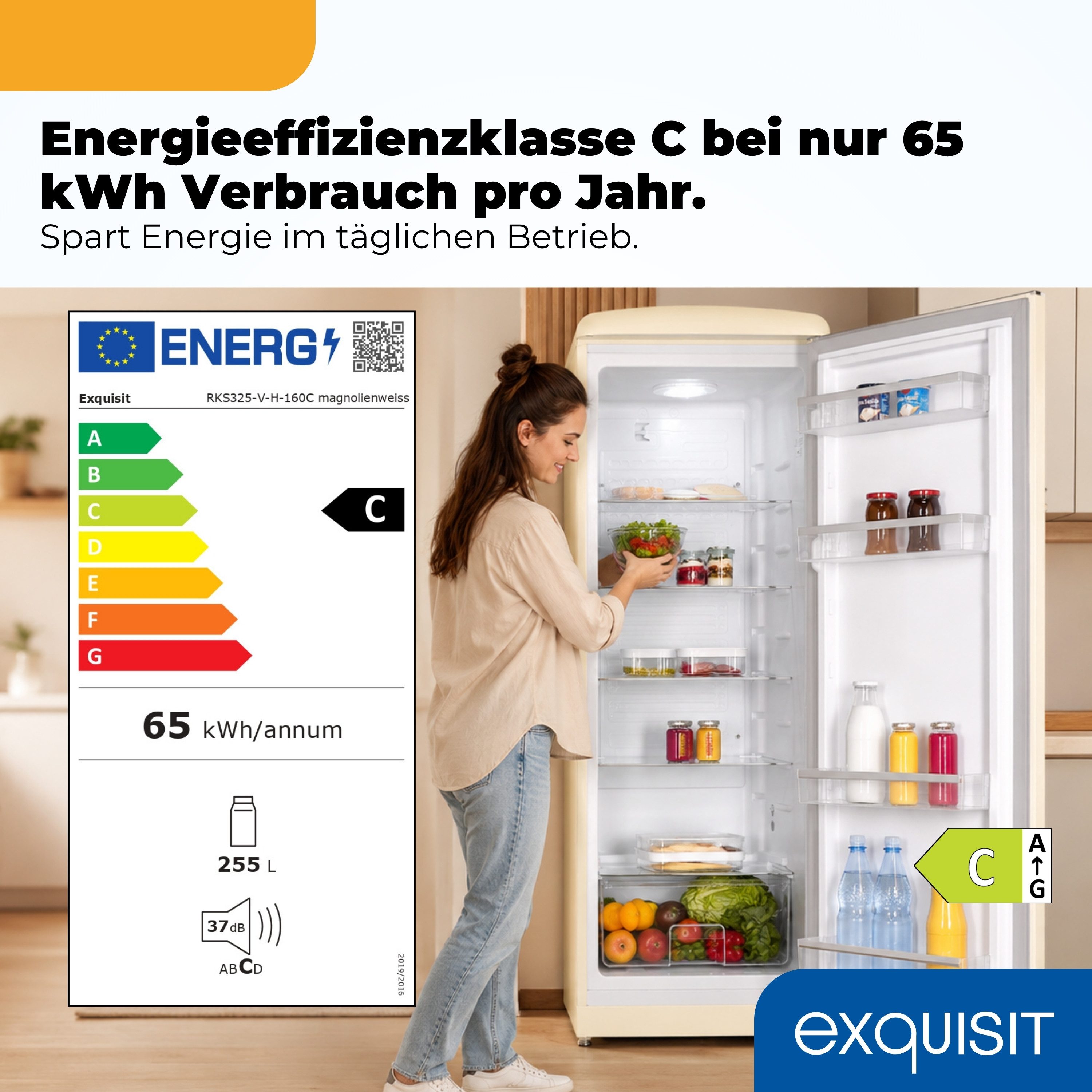 exquisit Kühlschrank RKS325-V-H-160C magnolienweiss, 146,5 cm hoch, 54,5 cm breit, LED-Beleuchtung, verstellbare Glasböden, Retro-Design