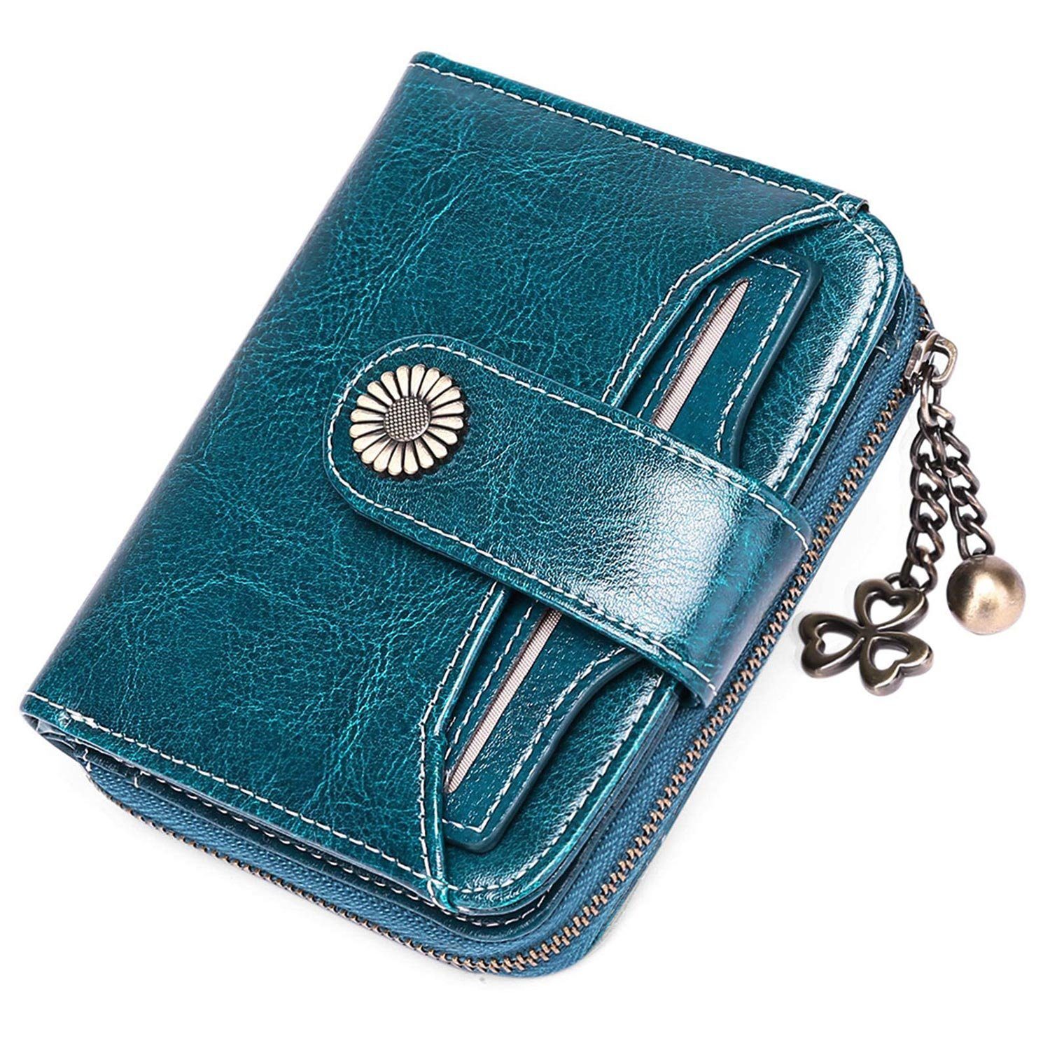 MAGICSHE Brieftasche Echtes Leder Damen Geldbörse, kleine Reißverschluss Geldbörse, Clip mit Münzfach und RFID Schild Pfauenblau