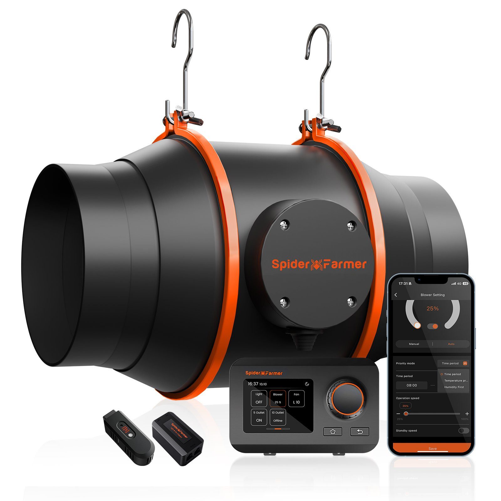 Spider Farmer Radialventilator Spider Farmer Abluftventilator mit GGS-Controller, 100 mm Inline-Lüfter mit Temperatur- und Feuchtigkeitssteuerung