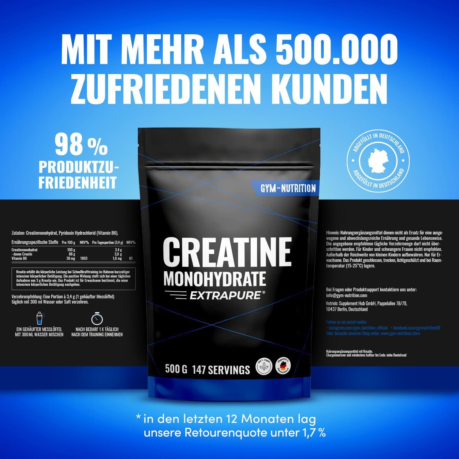 Gym Nutrition Creatin Monohydrat Pulver 500g – Mikronisierte Premiumqualität Pulver, 1 er 500g à 1250 g, 100% vegan - Laborgeprüft