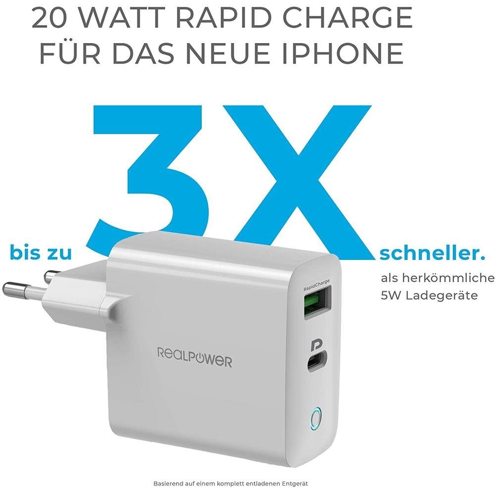 Realpower PC-20 Wall Charger USB-Ladegerät (USB-C PD 3.0 + USB Port, Type-C, für Smartphone undTablet, 20 W)