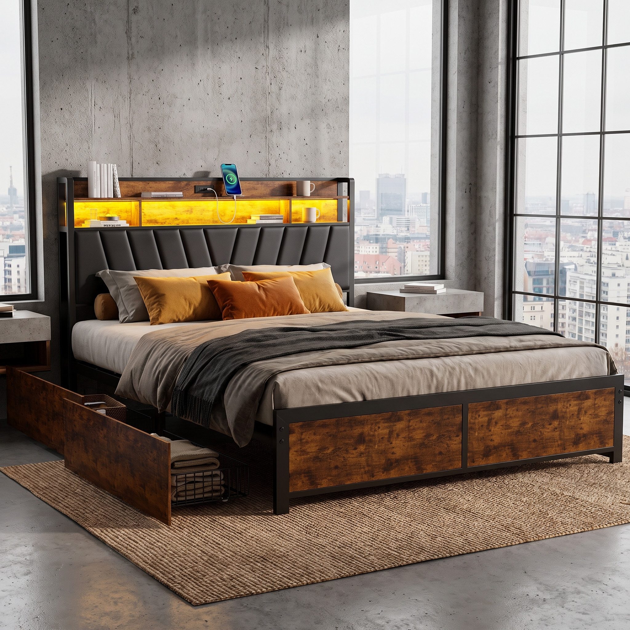 Yelenaro Polsterbett Stauraumbett LED Doppelbett (für Jungen und Mädchen, Mit große Stauraum), Jugendbett 160x200cm mit 4 Schubladen,Metallbett mit USB&Type-C
