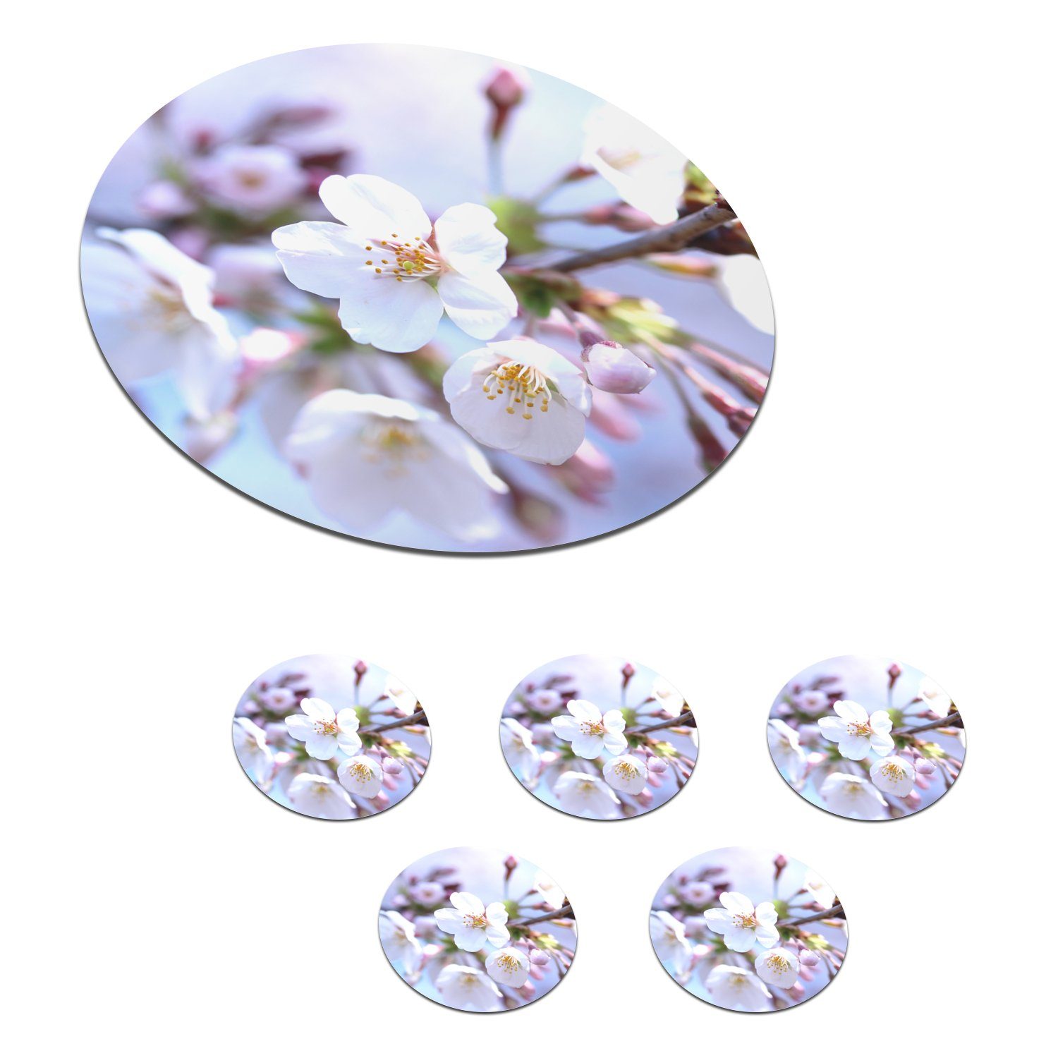 MuchoWow Glasuntersetzer Blumen - Sakura - Zweig, Zubehör für Gläser, 6-tlg., Getränkeuntersetzer, Tassenuntersetzer, Korkuntersetzer, Tasse, Becher