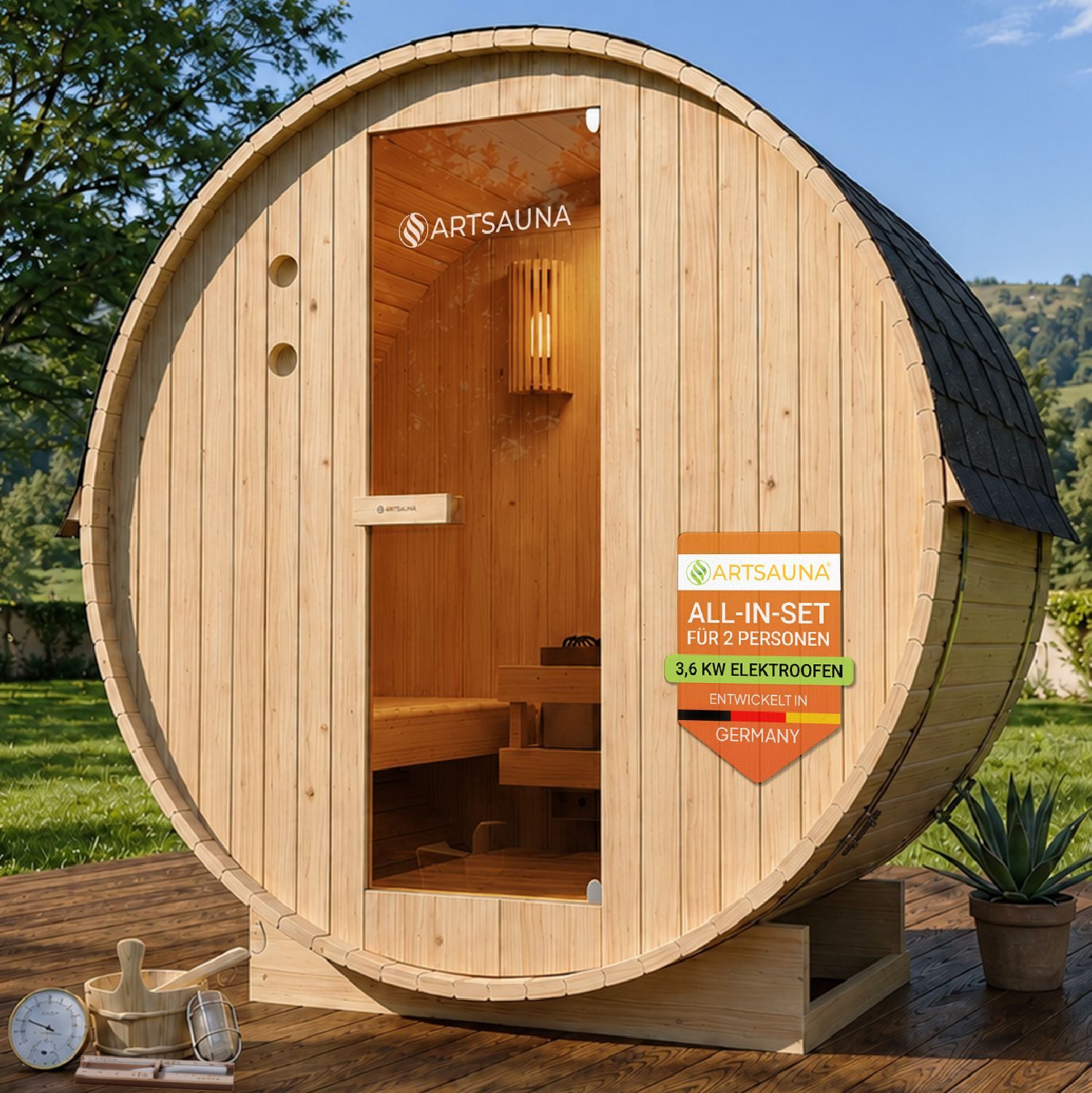 Artsauna Fasssauna Spitzbergen 120, BxTxH: 191 x 120 x 193 cm, für 2 Personen, Fichtenholz, 3,6 kW Elektro-Ofen, Komplett-Set