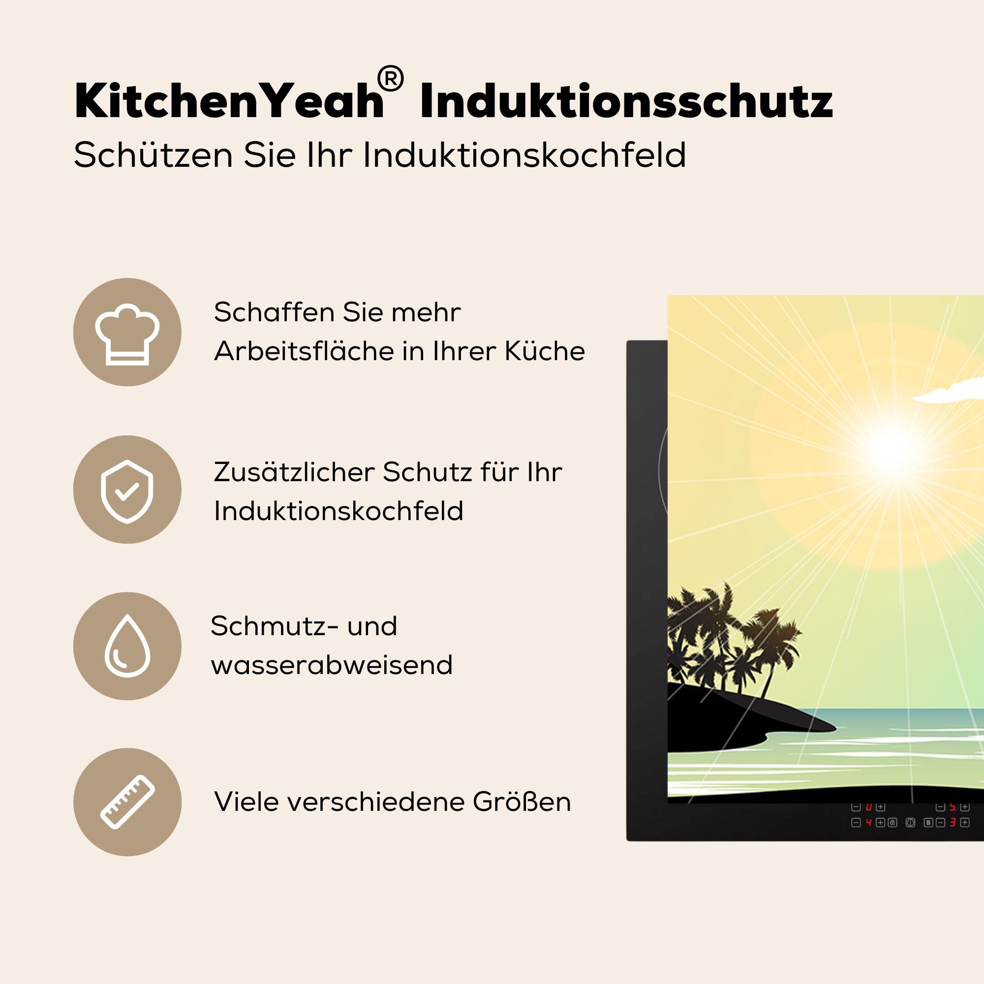 MuchoWow Herdblende-/Abdeckplatte Sonne - Meer (1 - tlg), Vinyl, für Palme, Arbeitsplatte küche 78x78 Ceranfeldabdeckung, cm