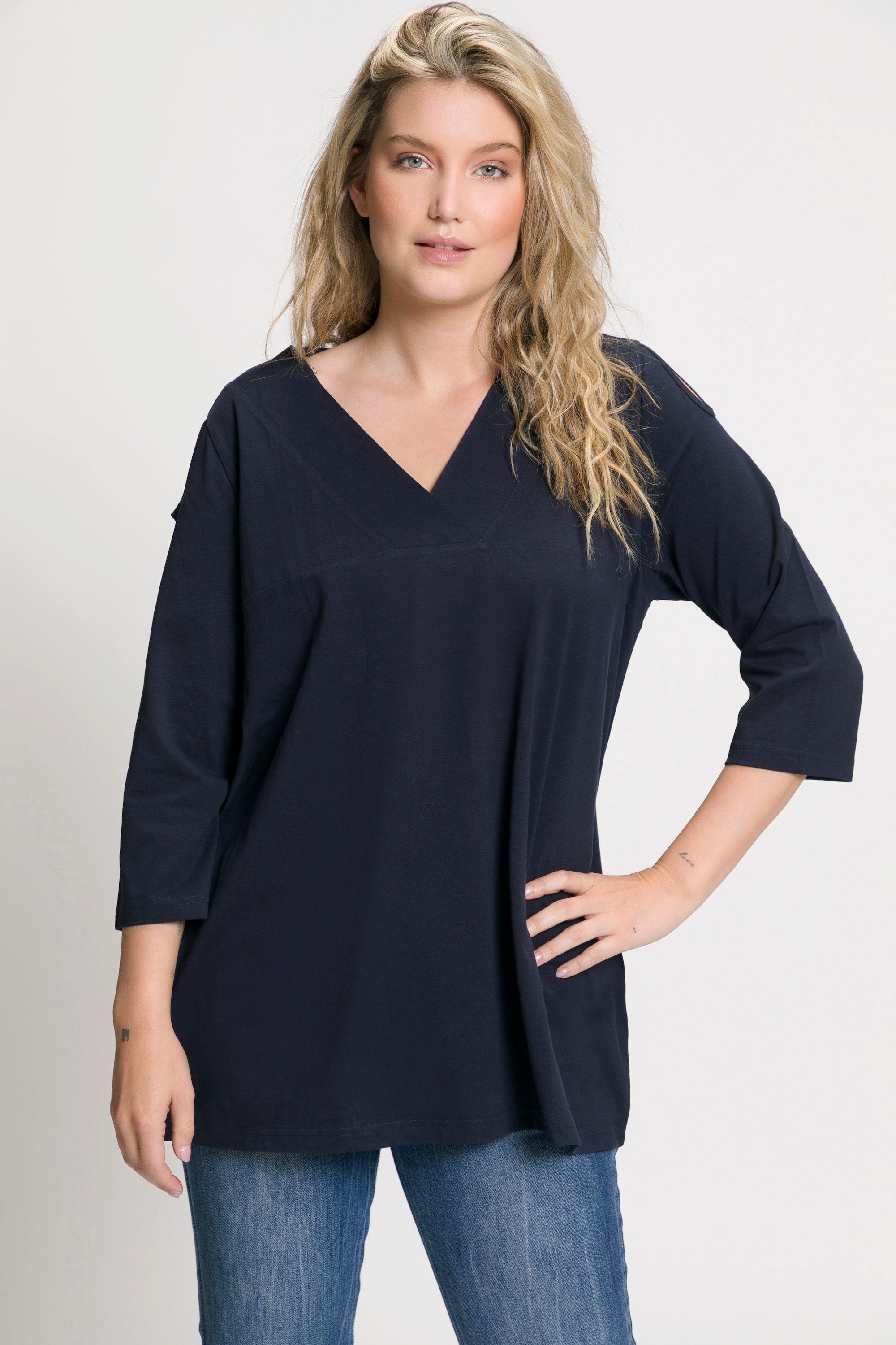 Popken Ulla V-Ausschnitt ausgeschnittene Schulter T-Shirt Longsleeve marine