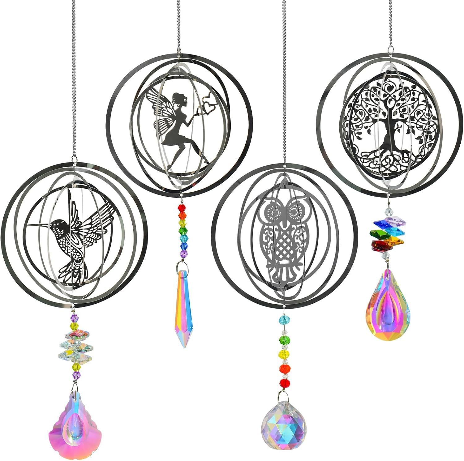 AURIVION Fensterdekoration Kristall Sonnenfänger 4 Stk., Regenbogen Anhänger für Fenster, 3D Sonnenfänger Eule & Lebensbaum für Garten und Balkon Deko
