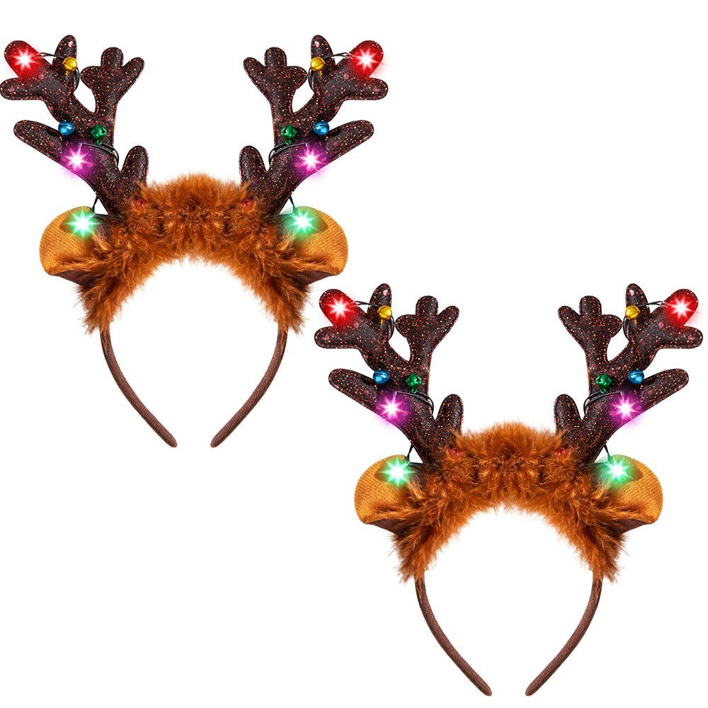 CLTYQ Haarreif Rentier-Stirnband mit leuchtendem Geweih, 2-tlg., Weihnachts-Haarreif für Erwachsene und Kinder