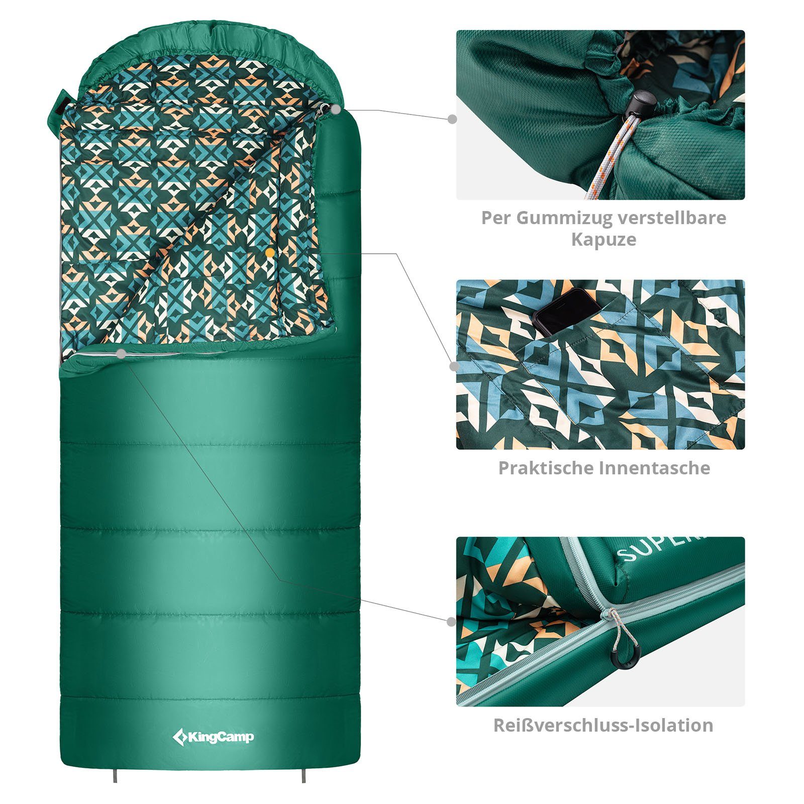 Schlafsack Jahreszeiten Green Zipper Mumienschlafsack Petrol Superior Mumienschlafsack -13°C KingCamp XL 3, R 300XL Lang -