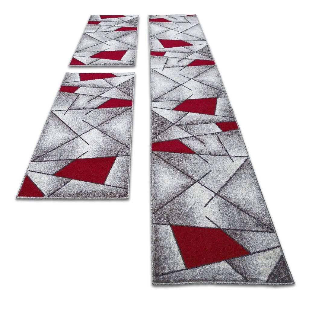 oKu-Tex Bettumrandung 3 teilig, Läufer (67 x 340 cm) + Brücken (2 x 67 x 140 cm), Kurzflor, (Set 3 teilig, 3-tlg), Teppich Schlafzimmer Bettvorleger Set schmal gewebt rot meliert