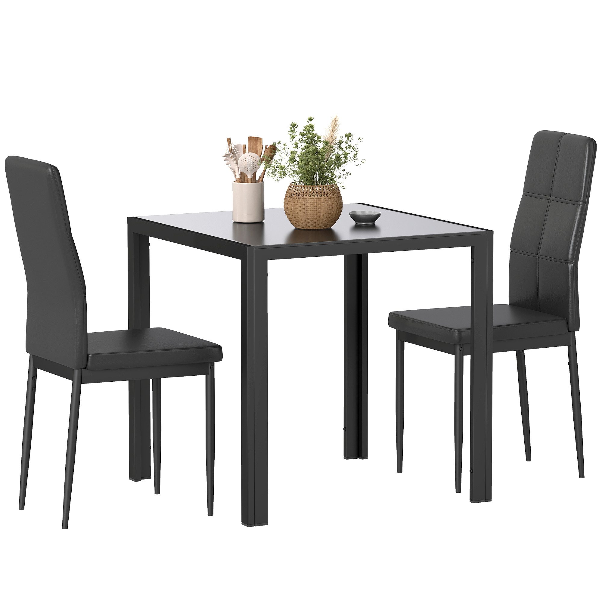 HOMCOM Essgruppe mit Glas-Tischplatte, (Esstisch mit 2 Stühlen, 3-tlg., platzsparend Esszimmergruppe), für Esszimmer, Küche Schwarz – Bild 2 von 5