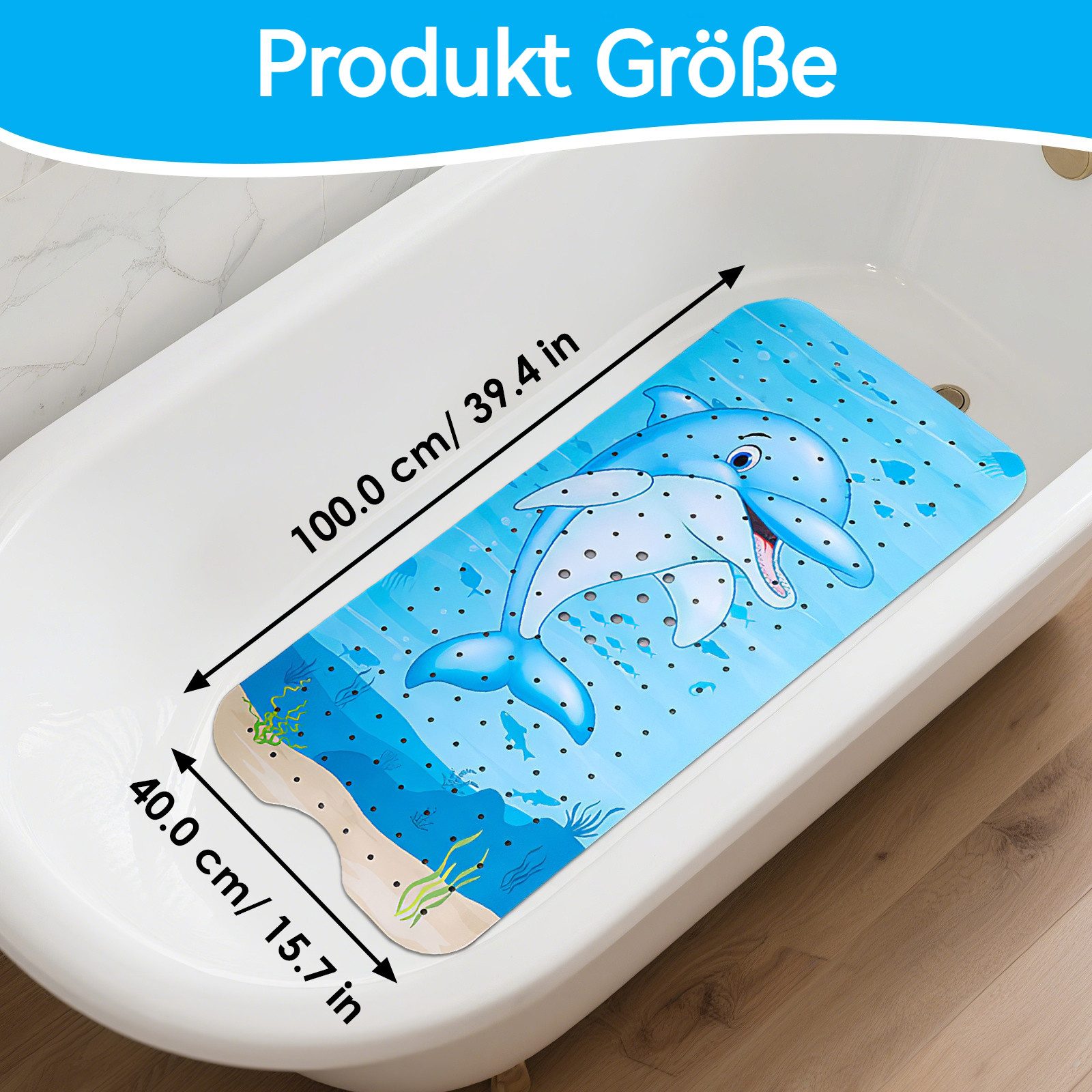 BlingBin Bath Mat, Non-Slip, 100x40cm, Bath Mat, W: 40 cm, L: 100 cm, 1-Piece Set, with Suction Cups and Drain Holes, Machine Washable, Anti-Mold, Dolphin Design
