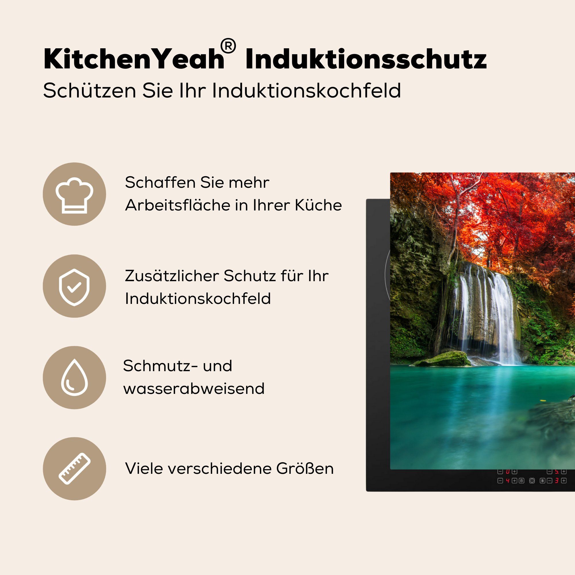 81x52 für Vinyl, MuchoWow Induktionskochfeld Wasser, - Wasserfall Ceranfeldabdeckung die - Herbst tlg), Schutz Rot Herdblende-/Abdeckplatte Baum (1 cm, - - küche,