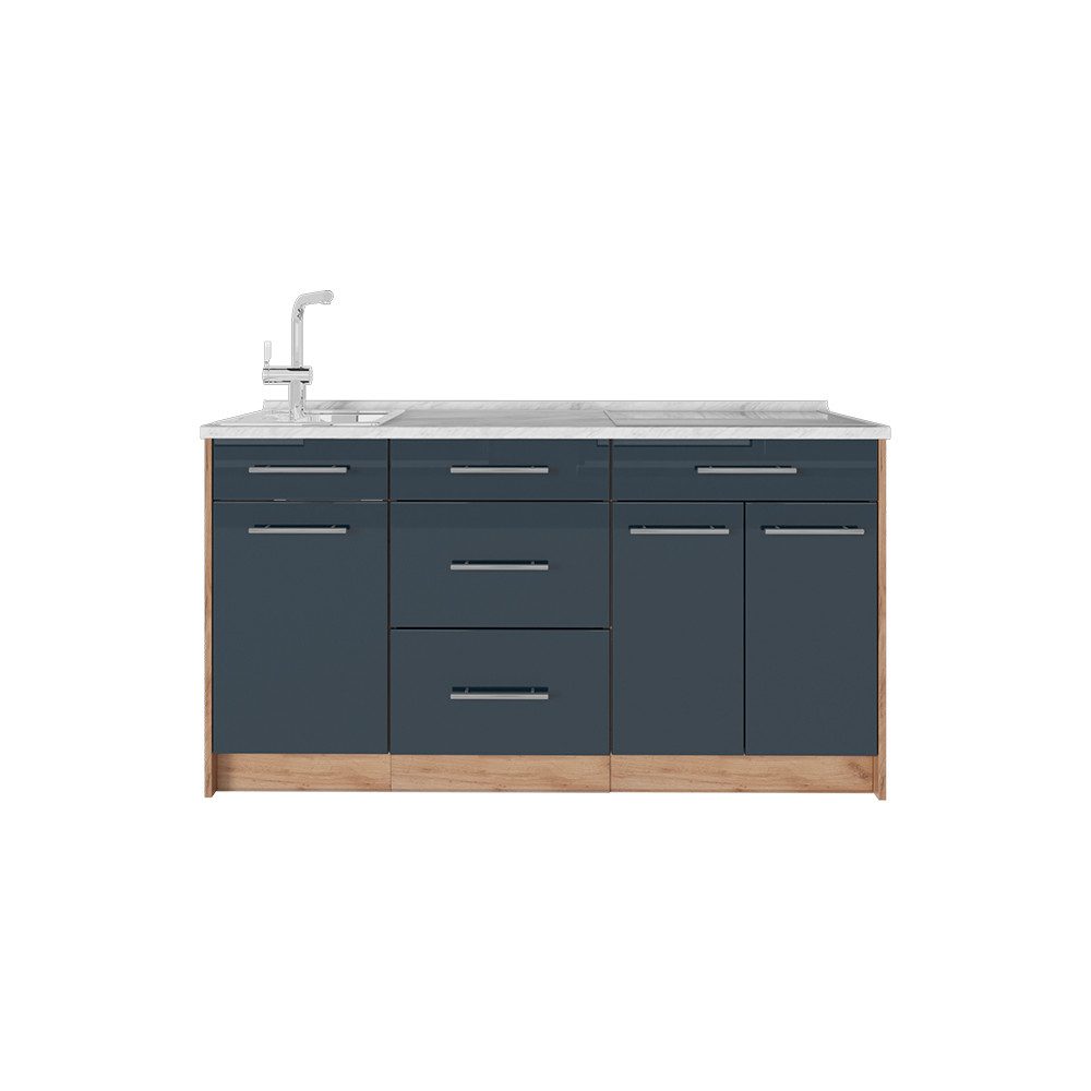 Vicco Küchenzeile Fame-Line, Dunkelblau Hochglanz, 150 cm, AP Marmor