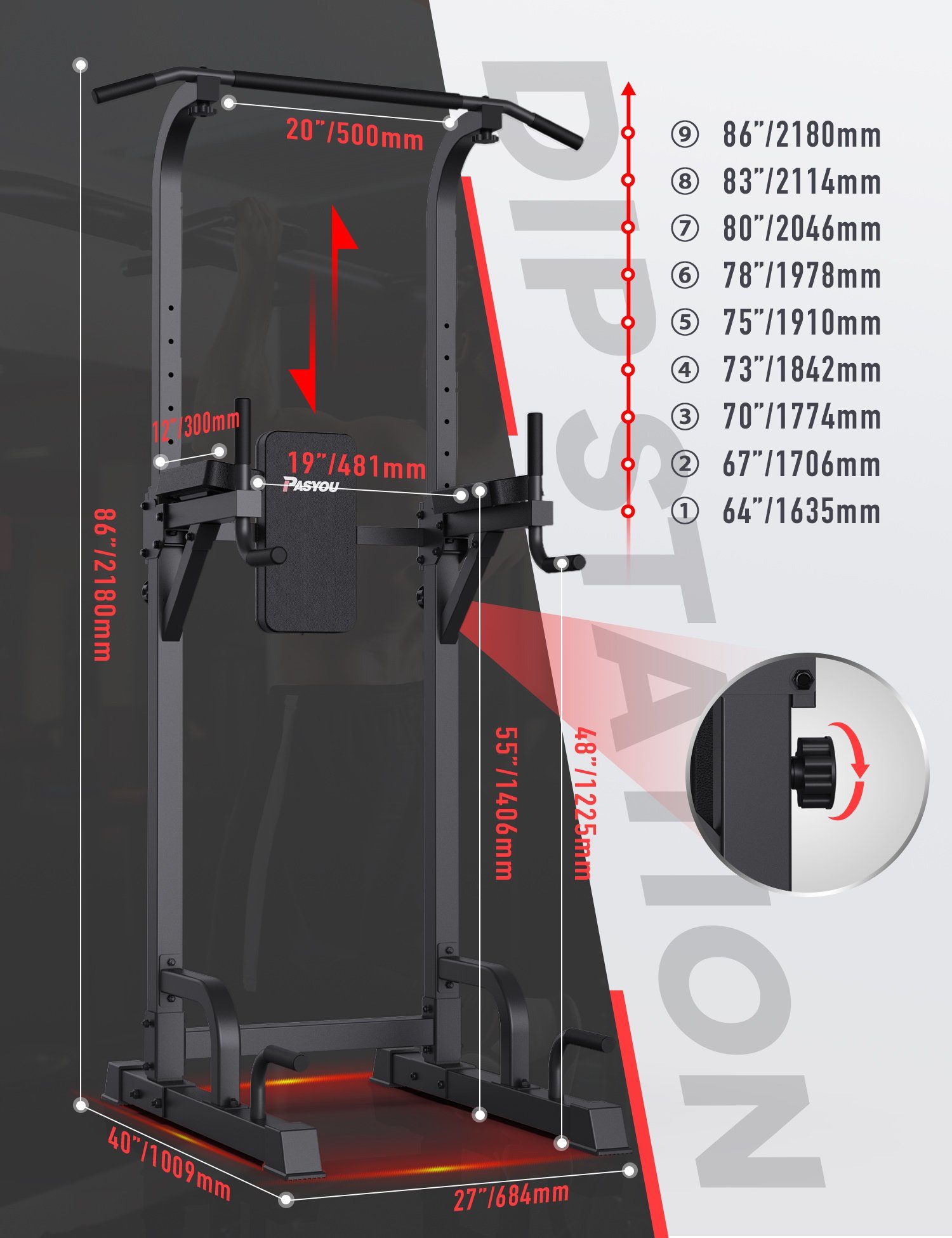 PASYOU Klimmzugstange PU40 (Freistehend Power Tower, 6 in 1 Verstellbar Kraftturm Dip Station), Multifunktionale Pull Up station, Maximale Belastung 300kg