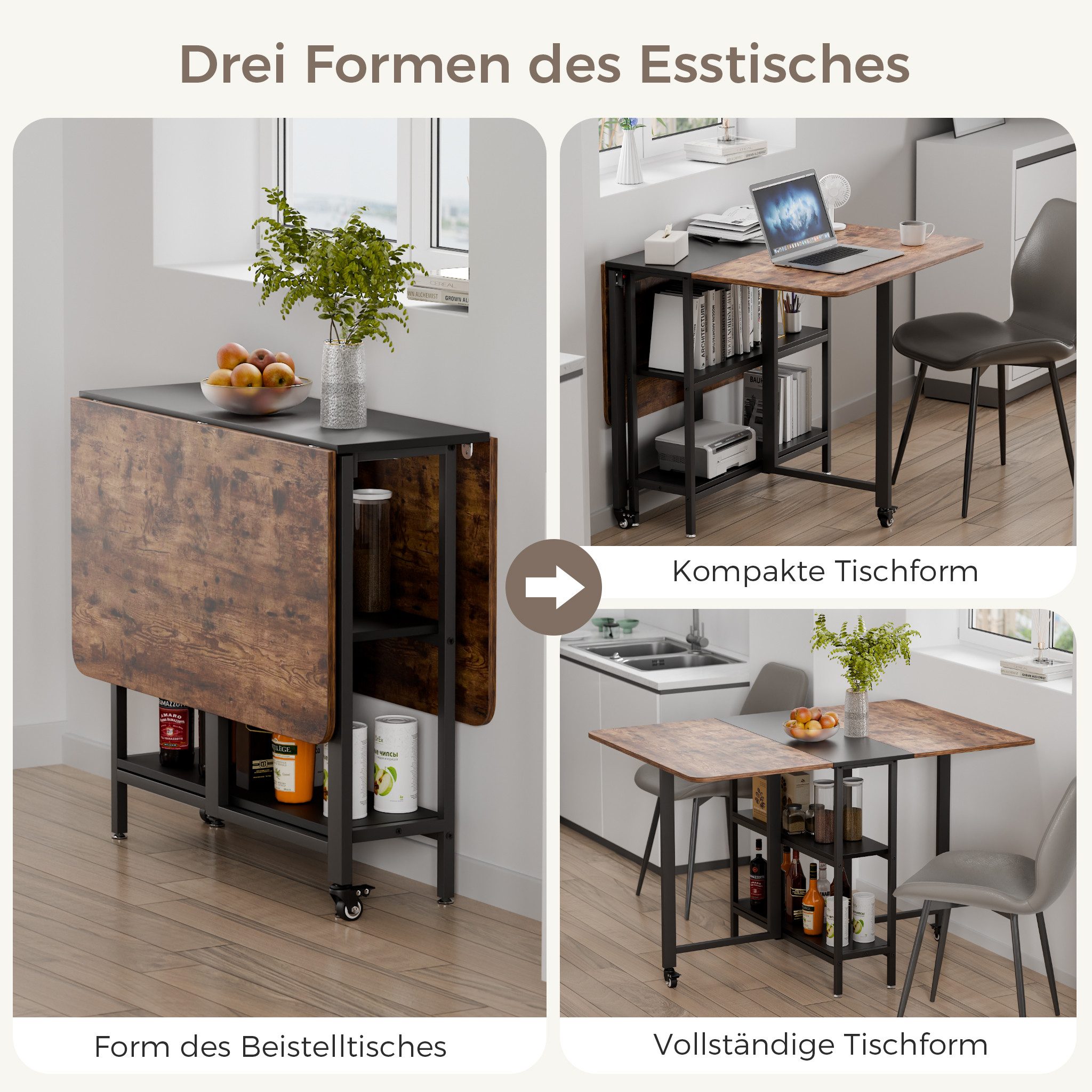 Mondeer Esstisch Klappbarer (1 Tisch), Gestell aus Metall, mit Zwei offene Ablagefächer, Breite 120cm – Bild 4 von 5