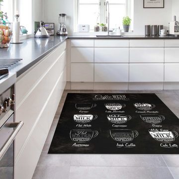 Teppich Küche Vinyl Innen Kaffeesorten Kreidetafel modern, Bilderdepot24, quadratisch - schwarz weiß glatt, nass wischbar (Küche, Tierhaare) - Saugroboter & Bodenheizung geeignet
