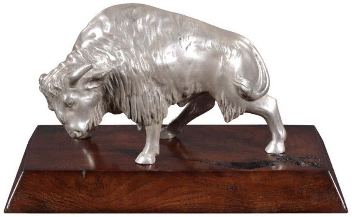 Casa Padrino Dekofigur Luxus Bison Bronzefigur Silber / Braun 35 x 18 x H. 20 cm - Versilberte Deko Figur mit Mahagoni Holzsockel