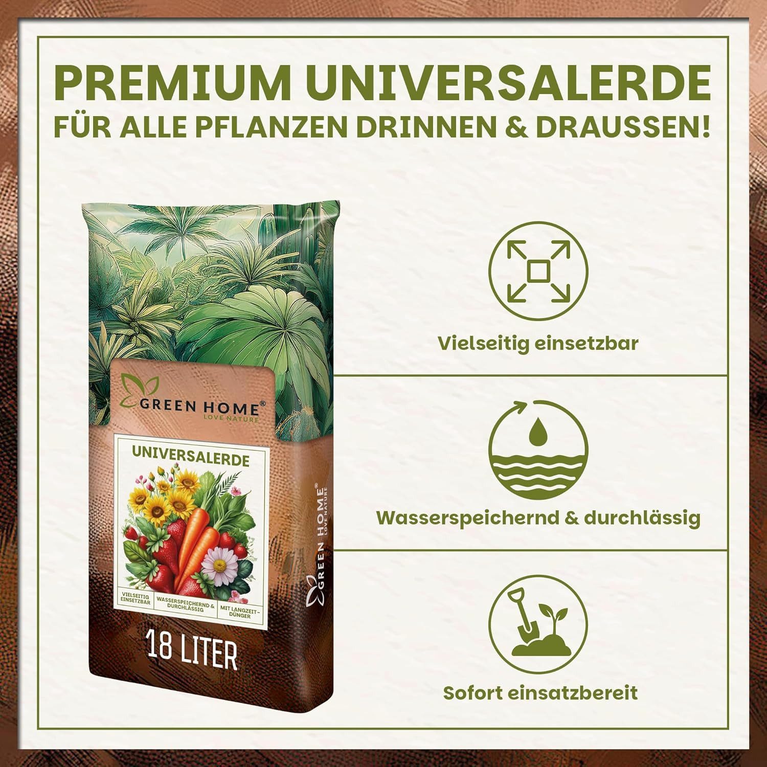 GREEN HOME LOVE NATURE Pflanzerde Universalerde für Zimmerpflanzen, Balkon & Garten, strukturstabil 18 L, 36 L, 72 L, Langzeitdünger, Perlite, Kokosfasern, pH 5,8, gute Drainage