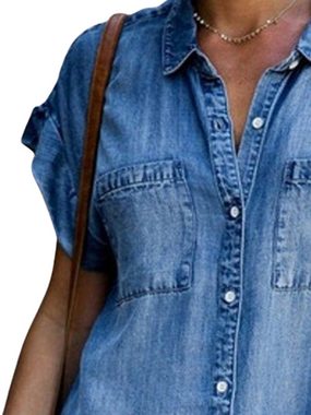 ZWY Hemdblusenkleid Kurzärmliges, schmal geschnittenes Jeanskleid,jeansrock,Blau (M-XL) Blusenkleid damen,sommerkleid damen leicht
