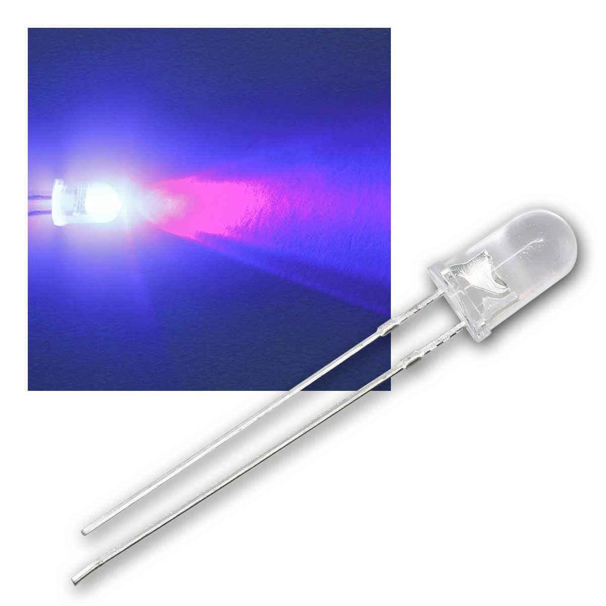 world-trading-net Modellbausatz 100 LEDs 5mm wasserklar ultraviolett / Schwarzlich