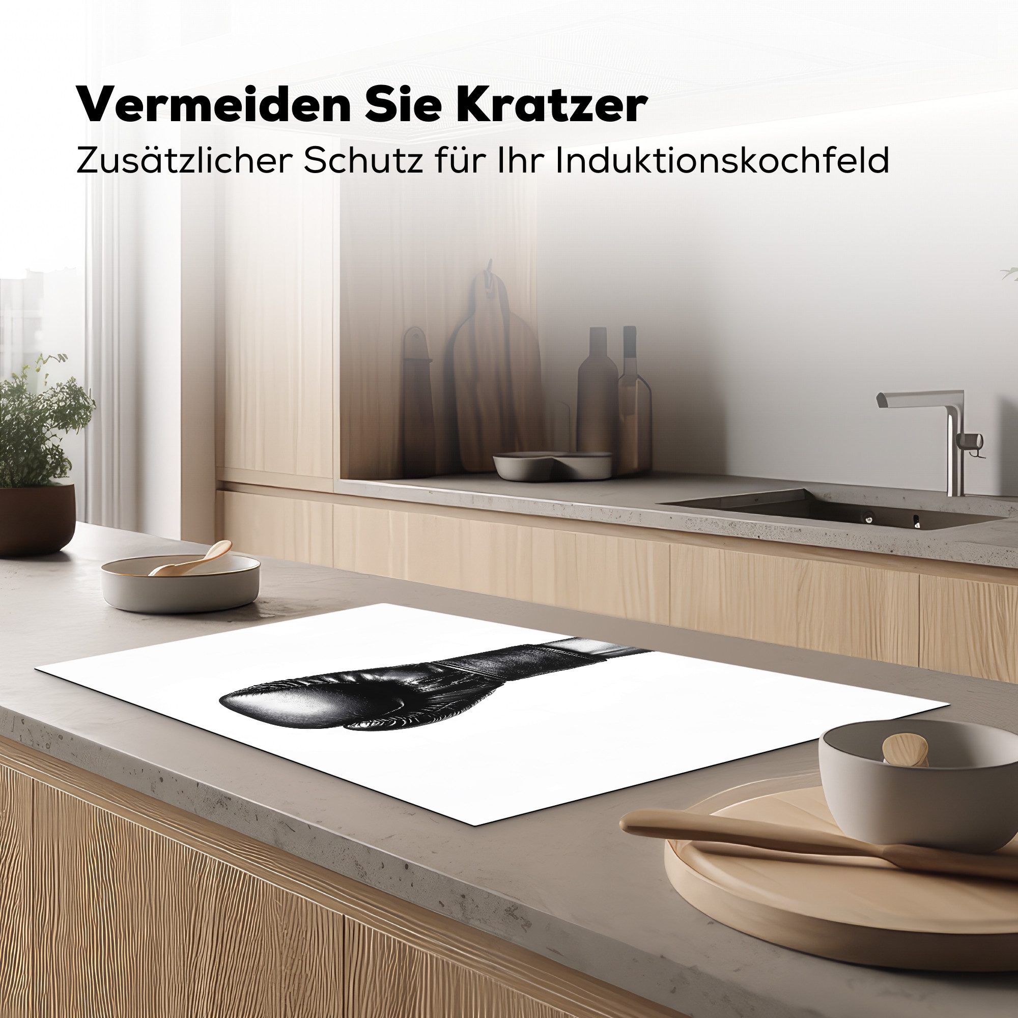 MuchoWow Herd-Abdeckplatte Boxhandschuh - Schwarz - Hand, Vinyl, (1 tlg), Herdplattenabdeckung für Ceranfeld, Herdplatten Vinyl, 83x51 cm