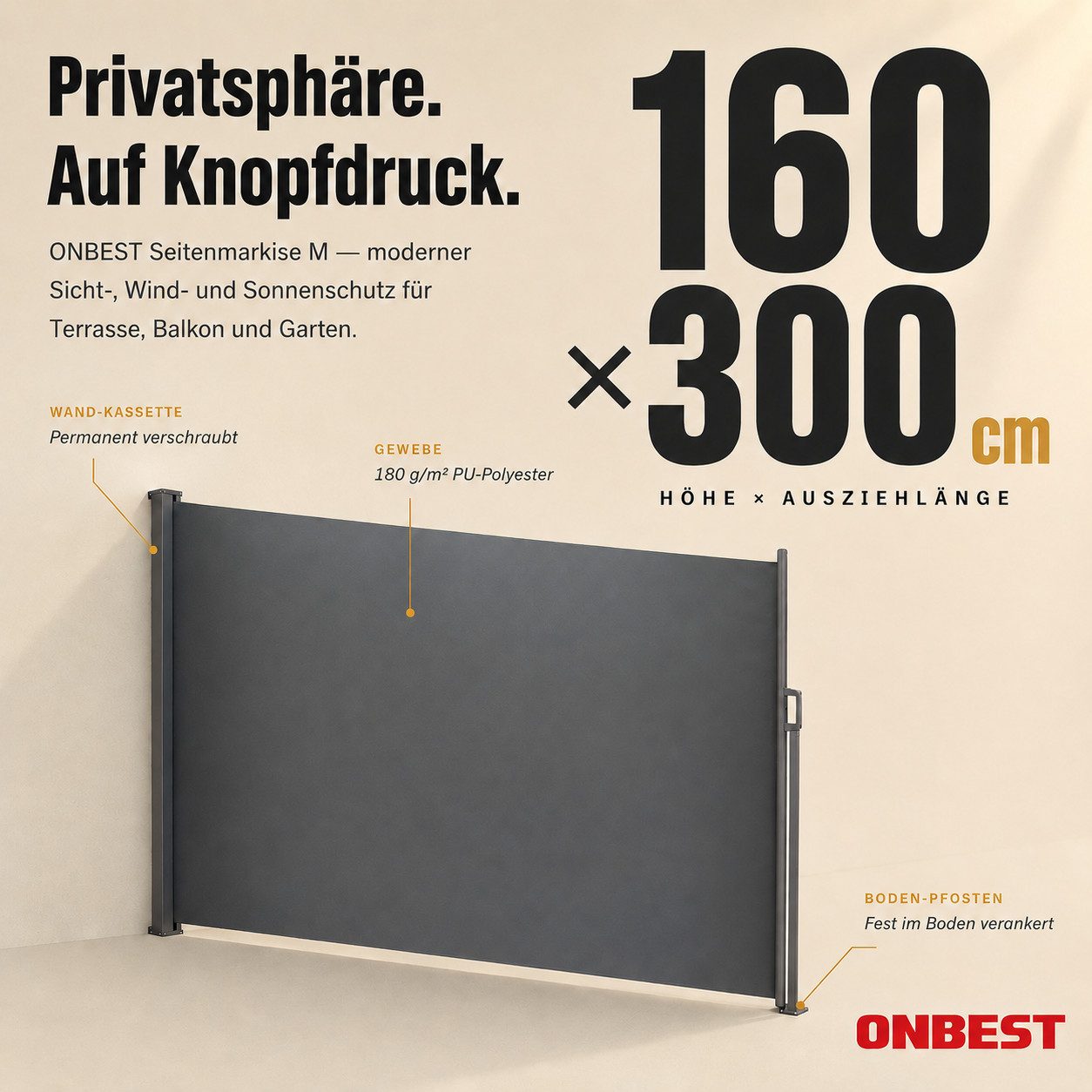 Onbest Seitenmarkise Sichtschutz ausziehbar mit Schrauben und Dübel UV-Beständig, Wasserabweisend, 160x300 cm