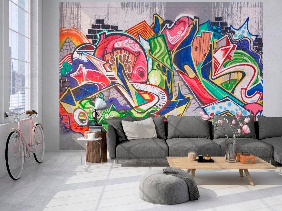 living walls Fototapete Graffiti Vlies, glatt, (1 St), Fototapete Graffitiwand Betonoptik Bunt Grau 3,50 m x 2,55 m