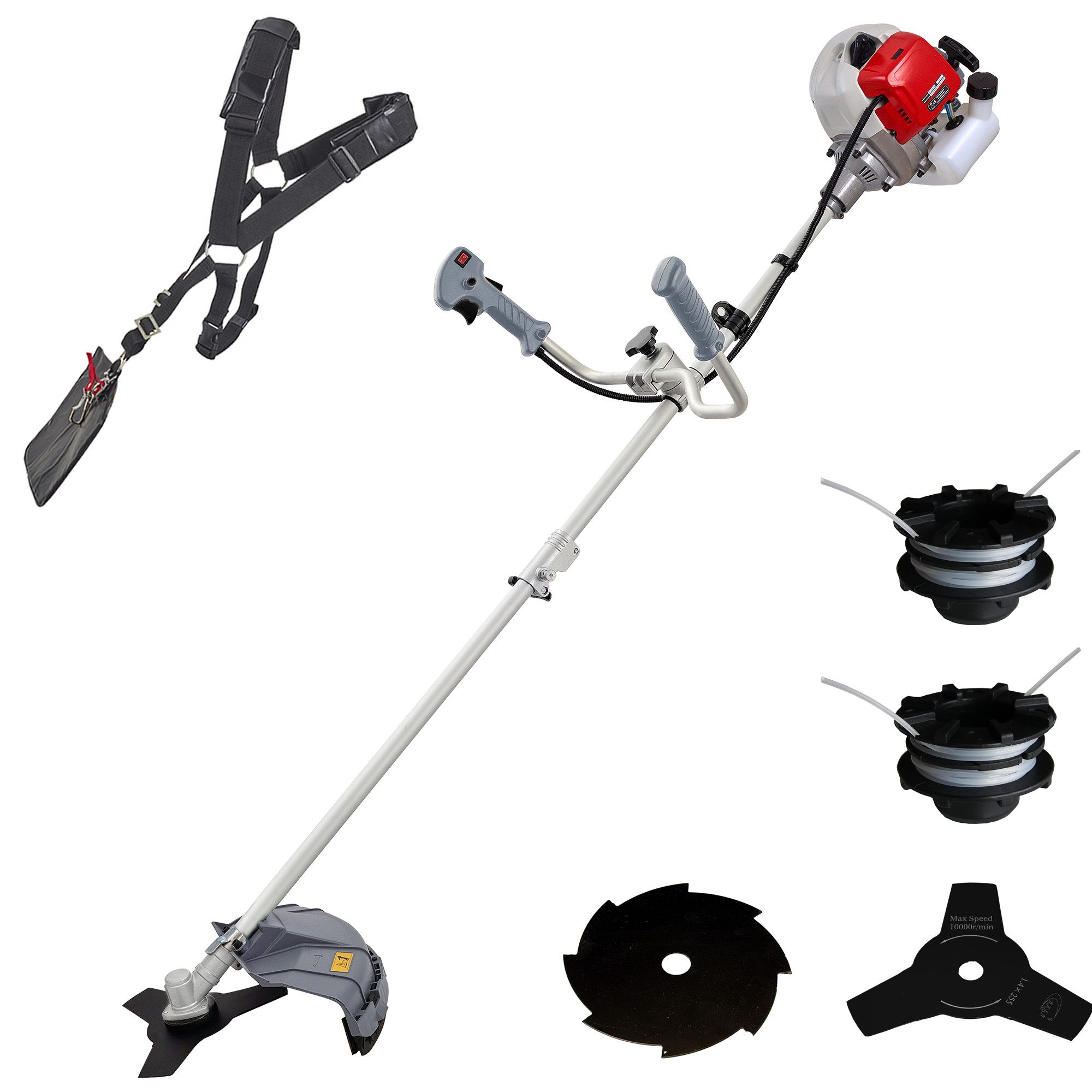 ikra GmbH Benzin-Freischneider IBF 43, 25,5 cm Arbeitsbreite Messer, 45 cm Arbeitsbreite Faden, (mit 2. Spule & 8-Zahn-Messer), inkl. Ersatzspule, 3- & 8-ZahnMesser & Schultergurt