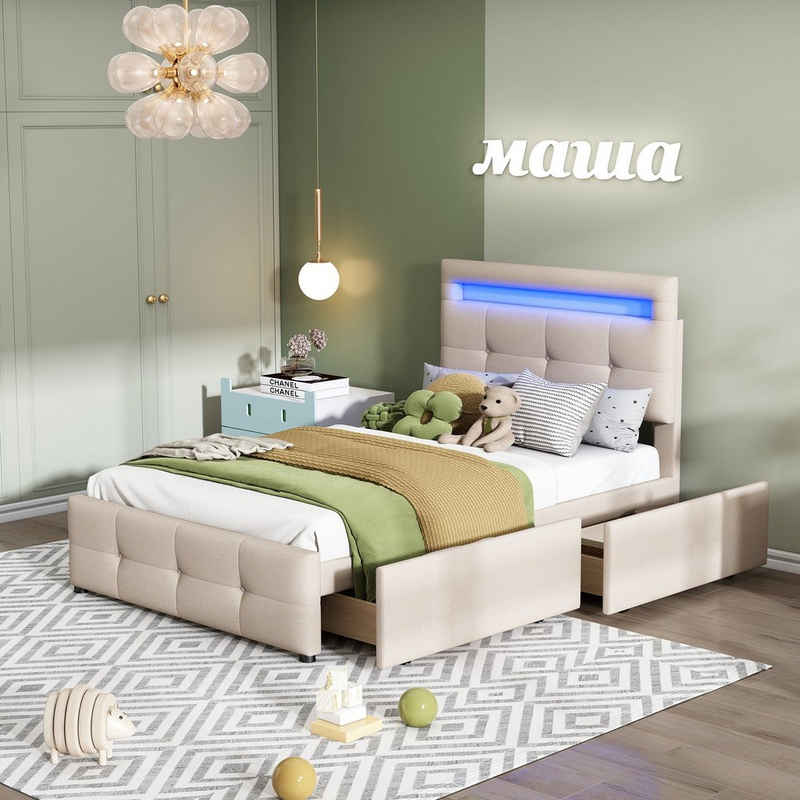 Merax Polsterbett mit 2 Schubladen und LED-Beleuchtung, Einzelbett 90x200 cm gepolstert mit Lattenrost, Jugendbettt, Kinderbett