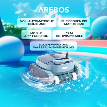Arebos Poolroboter vollautomatischer Schwimmbad Poolsauger Boden+Wand mit APP