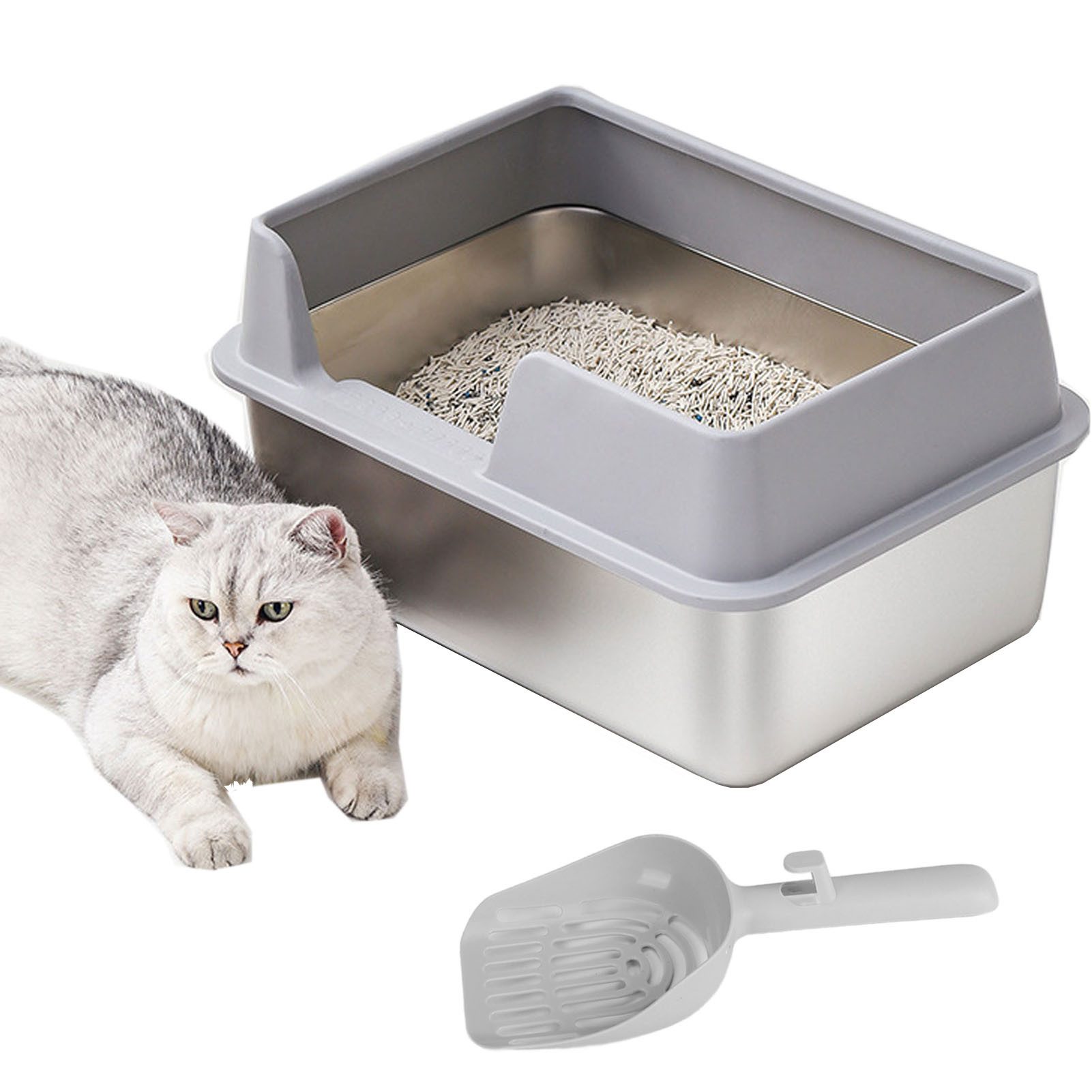 SURFOU Katzenecktoilette Katzenklo Edelstahl-Katzentoilette Spritzschutz, leicht zu reinigen, 50 x 35 x 20 cm, für kleine und mittelgroße Katzen,Kaninchen,Frettchen