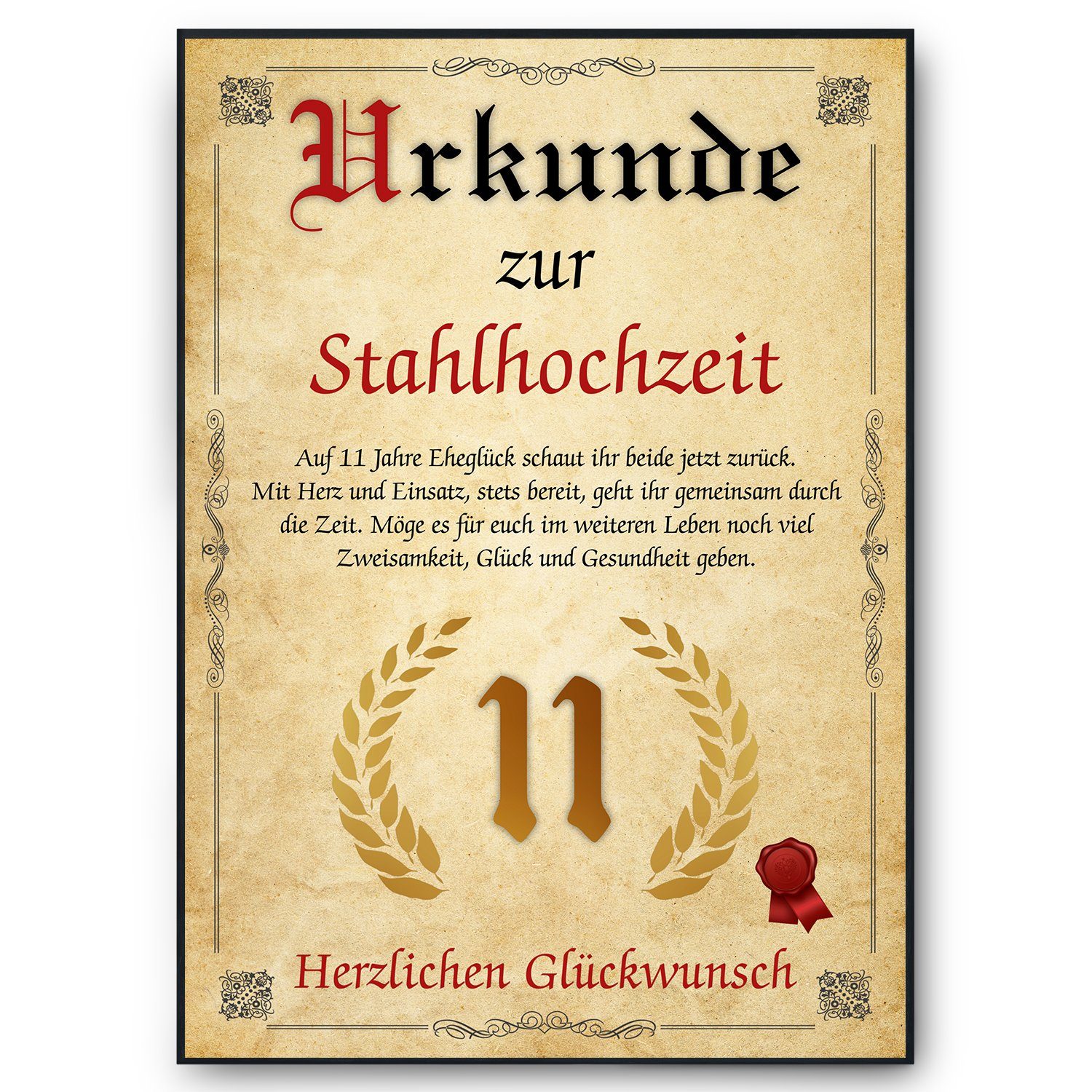 Tigerlino Poster Urkunde zum 11. Hochzeitstag Geschenk 11. Jahrestag