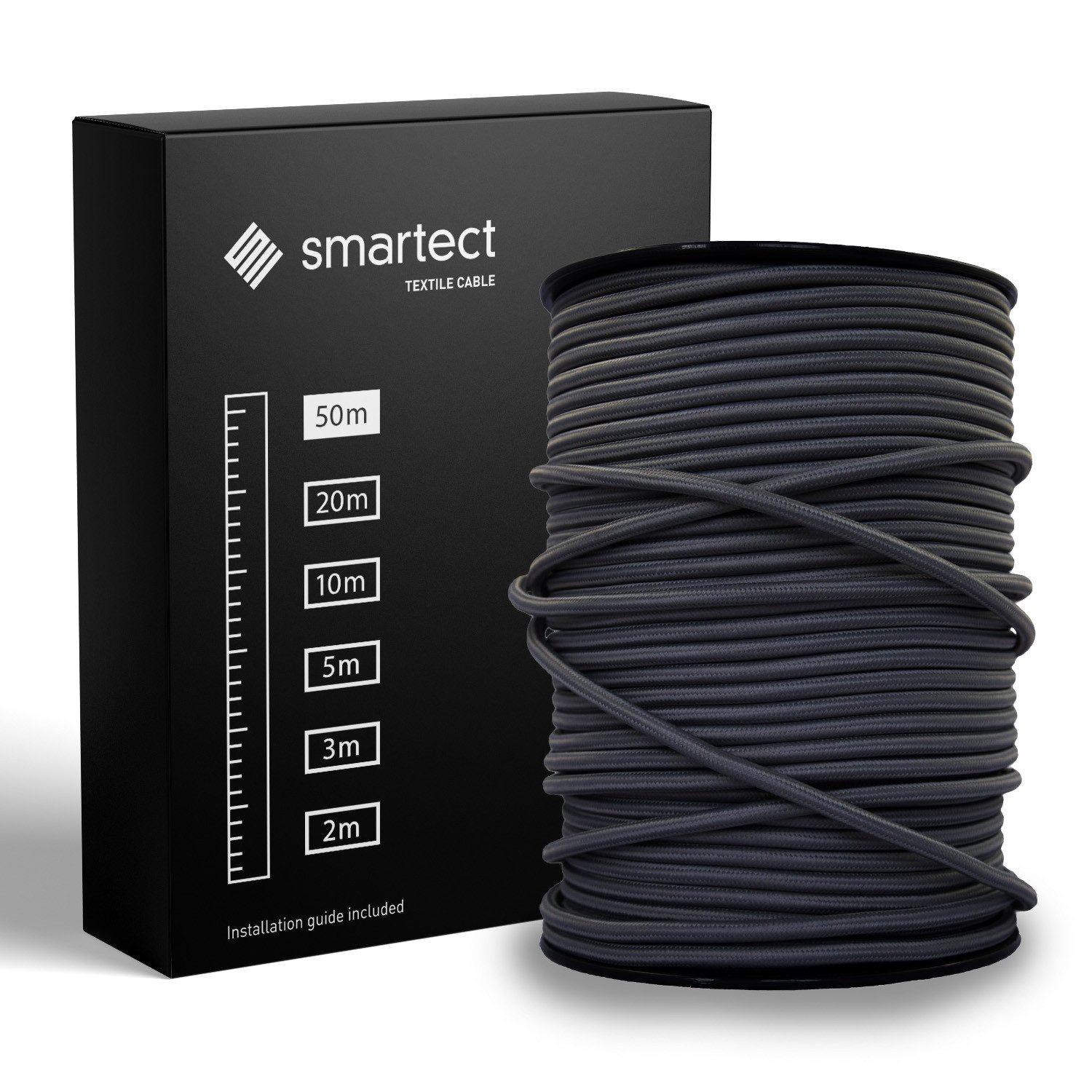 smartect Textilkabel Anthrazit 50 Meter - 3-Adrig (3x 0.75 mm) Stromkabel, (5000 cm)