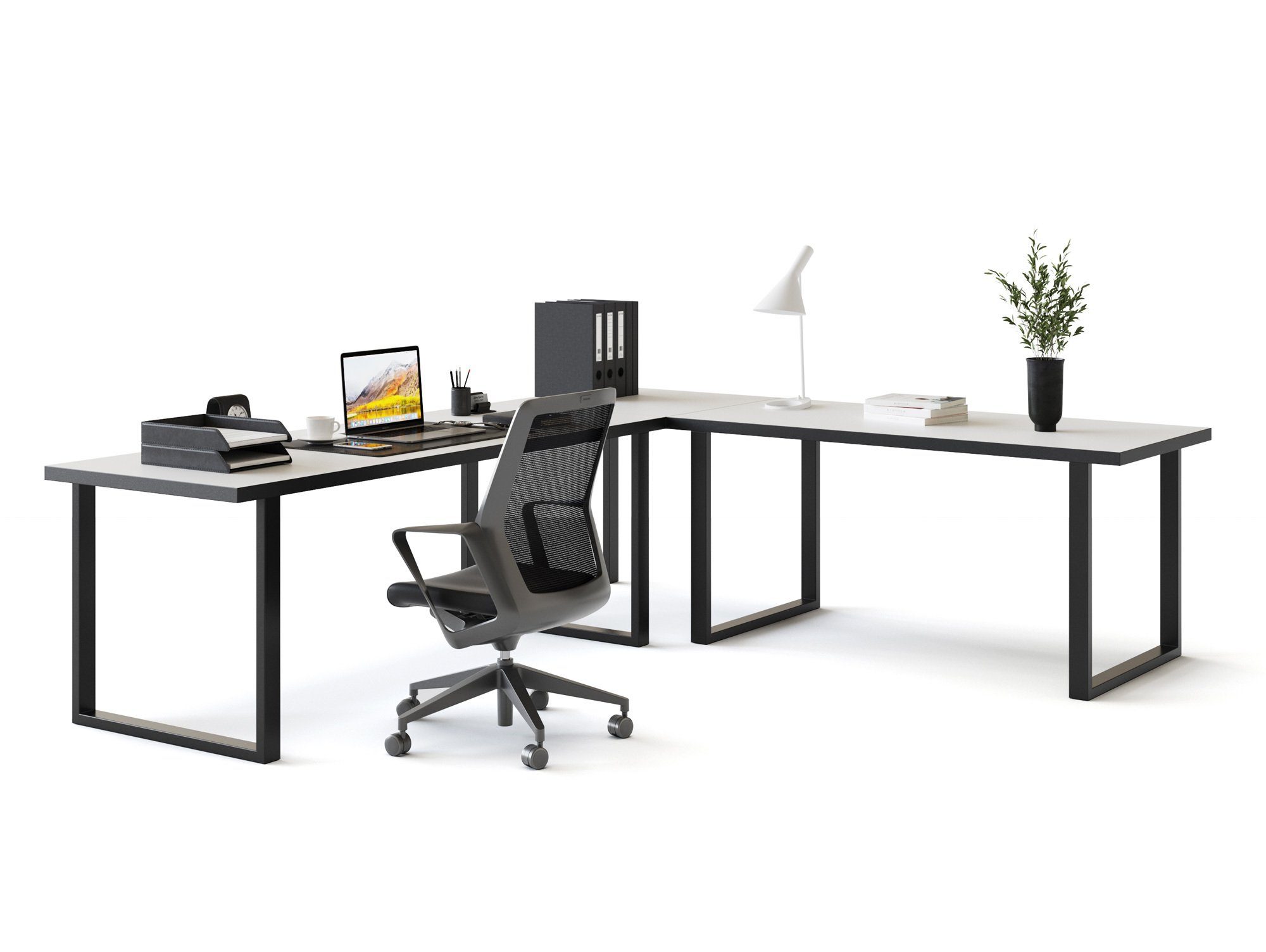 Moebel-Eins Schreibtisch, KALINA Winkelkombination, Material Dekorspanplatte weiss/grau