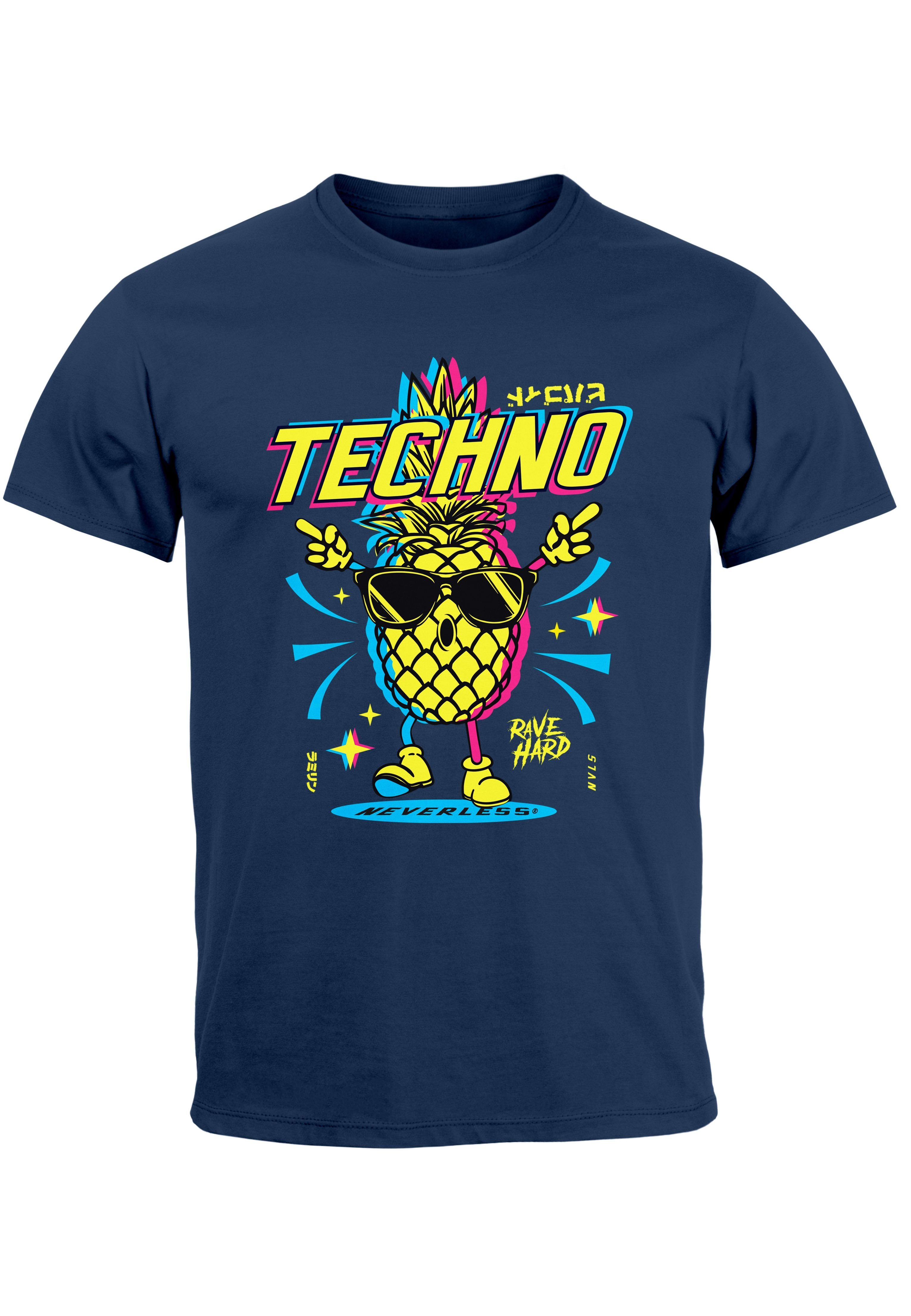 Neverless Print-Shirt Herren T-Shirt Shirt Techno Tanzen Lustig Ananas Rave Party Printshirt mit Print navy
