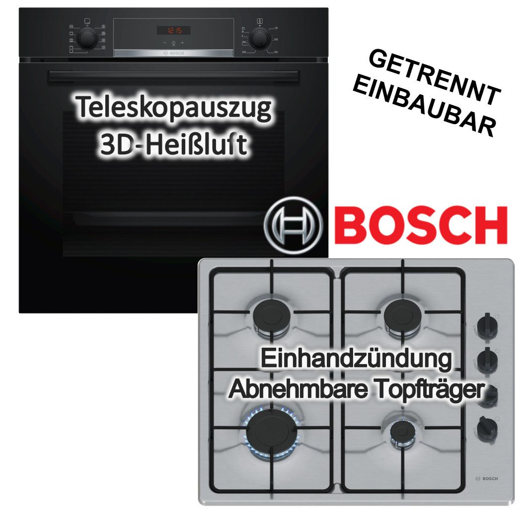 BOSCH Backofen-Set Einbaubackofen Hydrolyse Teleskop + Gaskochfeld Edelstahl 4 Brenner, mit 1-fach Teilauszug, Hydrolyse EcoClean Direct
