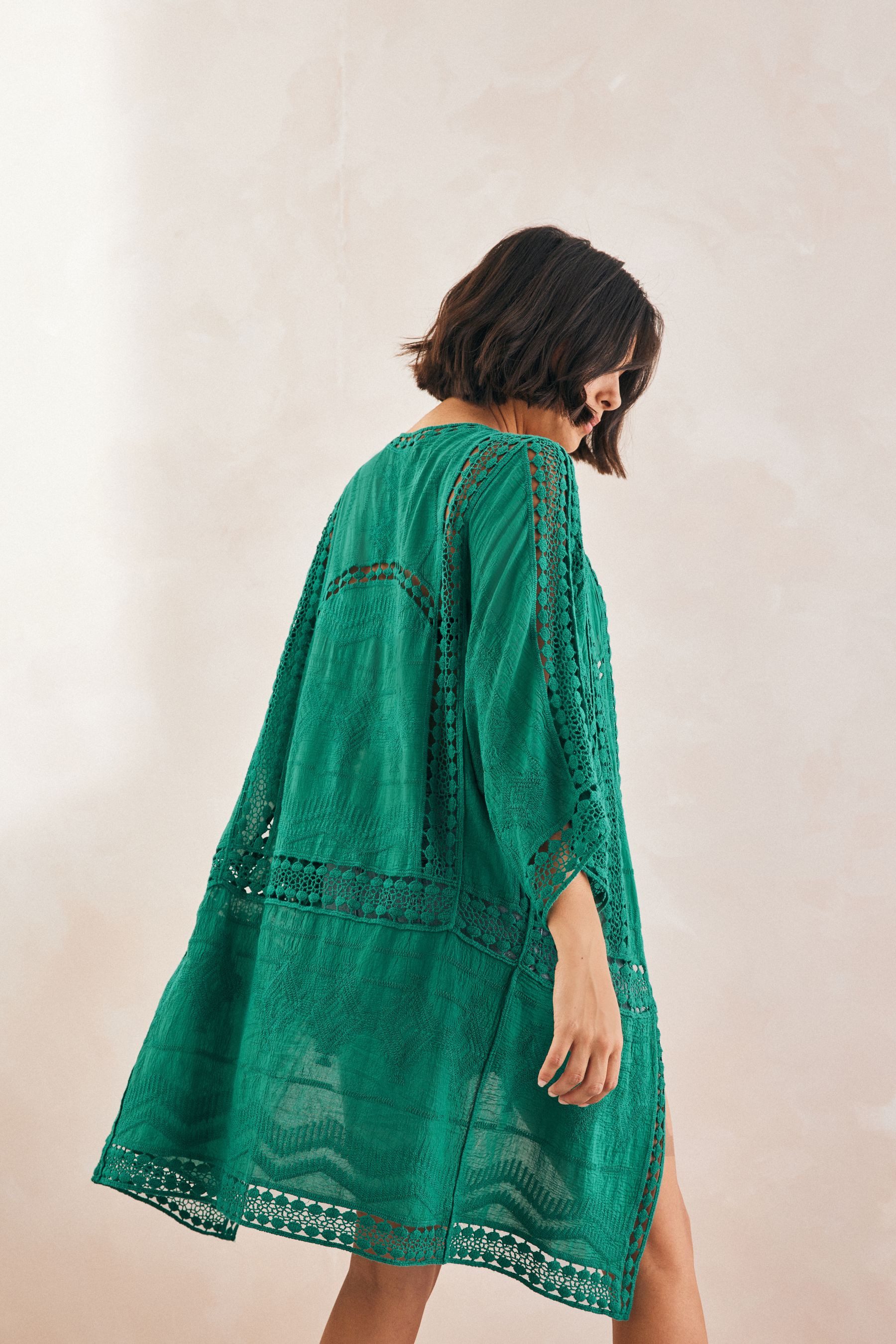 Next Blusenkimono Langer Kimono-Überwurf mit Häkelspitze günstig online kaufen