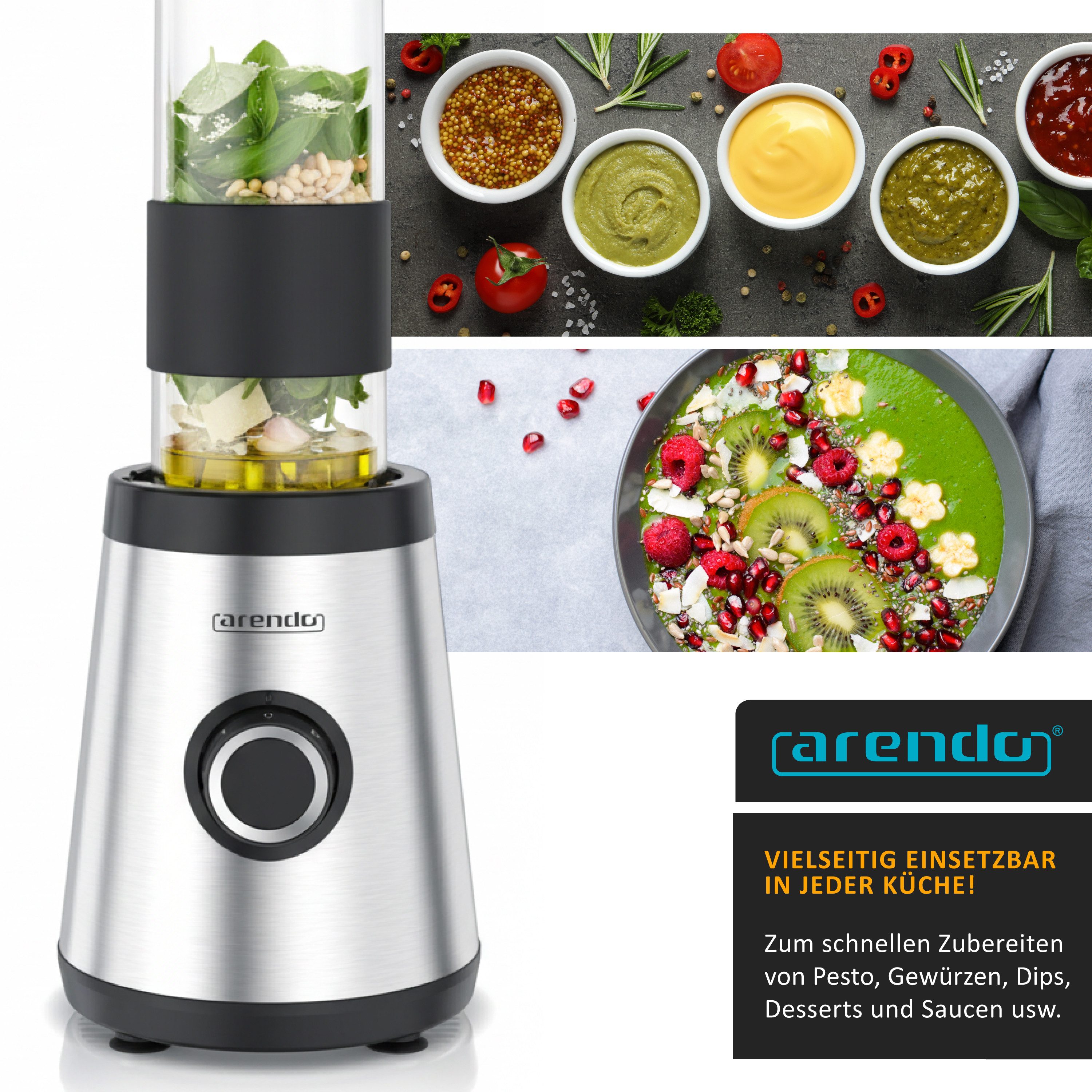 Arendo Standmixer Smoothie Maker. inklusive zwei Becher je 570ml, Edelstahl Klingen, 500 W, Blender, BPA-frei, 2 To-Go-Becher, 4 SUS301-Klingen, Smoothiemaker – Bild 5 von 5