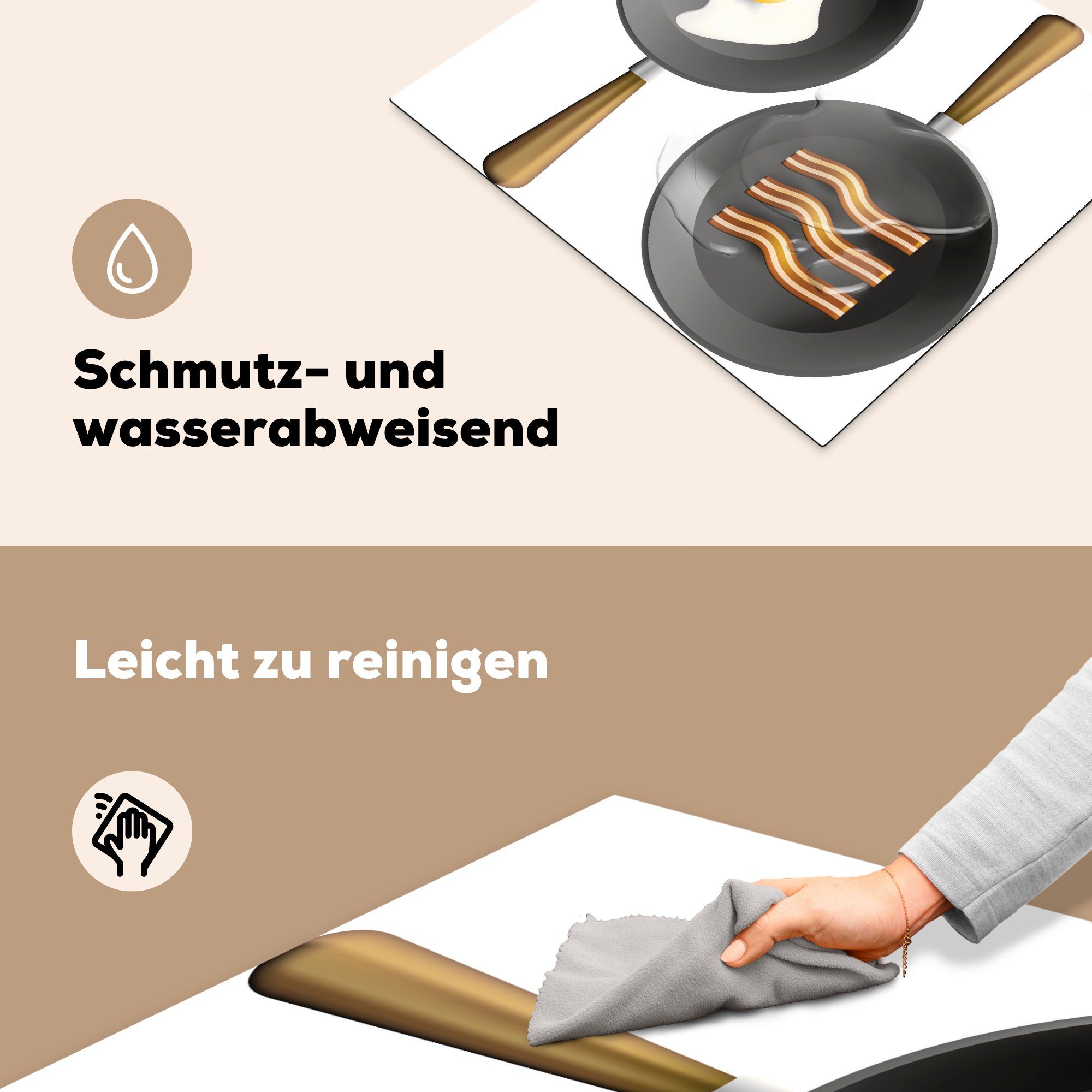 Bratpfanne, Mobile Vinyl, Herdblende-/Abdeckplatte Ei cm, Illustration 60x52 einer in Speck MuchoWow und Ceranfeldabdeckung nutzbar, (1 Arbeitsfläche von Eine tlg),