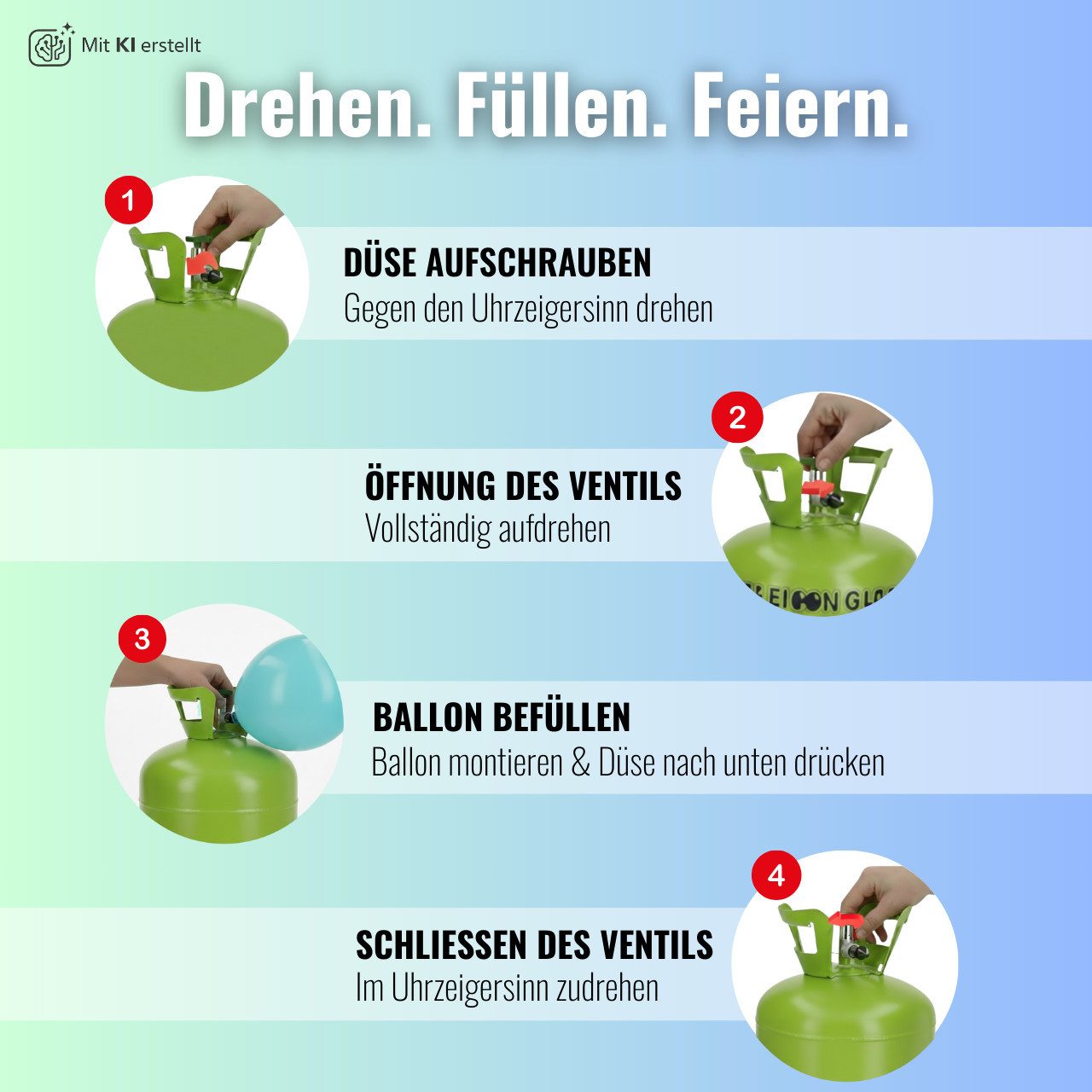 Folat Helium Ballongas Heliumflaschen Sets für bis zu 30-60 Luftballons - Helium, für Hochzeit, Geburtstag, Party für bis zu 30 Luftballons mit Zubehör