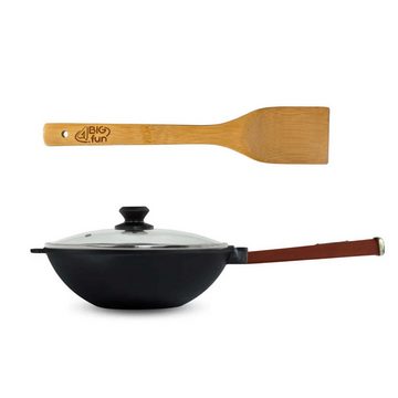 4BIG.fun Wok Wok Bratpfanne Ø24 cm 2,2 L aus Gusseisen, Gusseisen (mit Holzgriff Glasdeckel Asia Wokpfanne Induktion Pfannenwender), Holzgriff abschraubbar, Induktionsgeeignet