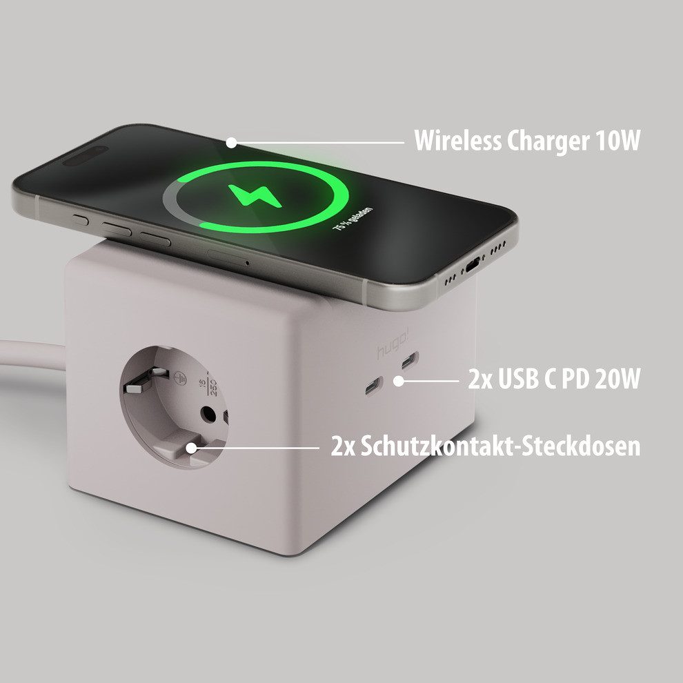 Brennenstuhl hugo! ONE 2nd Gen. Steckdosenwürfel mit USB C 20W PD, Wireless Charger Steckdosenleiste 2-fach (Kabellänge 2 m)