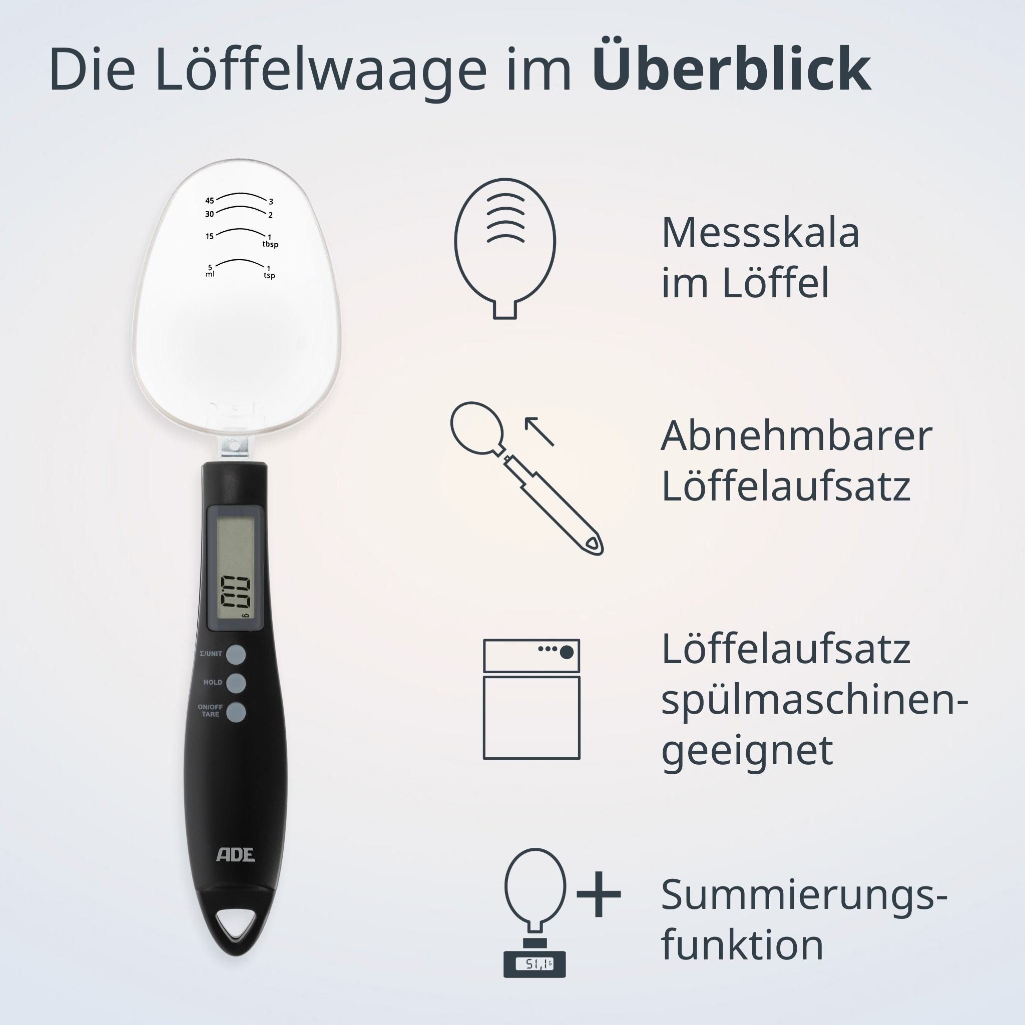 ADE Löffelwaage Digitale Löffelwaage mit abnehmbaren Löffelaufsatz, mit 0,1 g Einteilung, für Gewürze, Kaffee, Tee, Tierfutter bis 300g – Bild 2 von 5